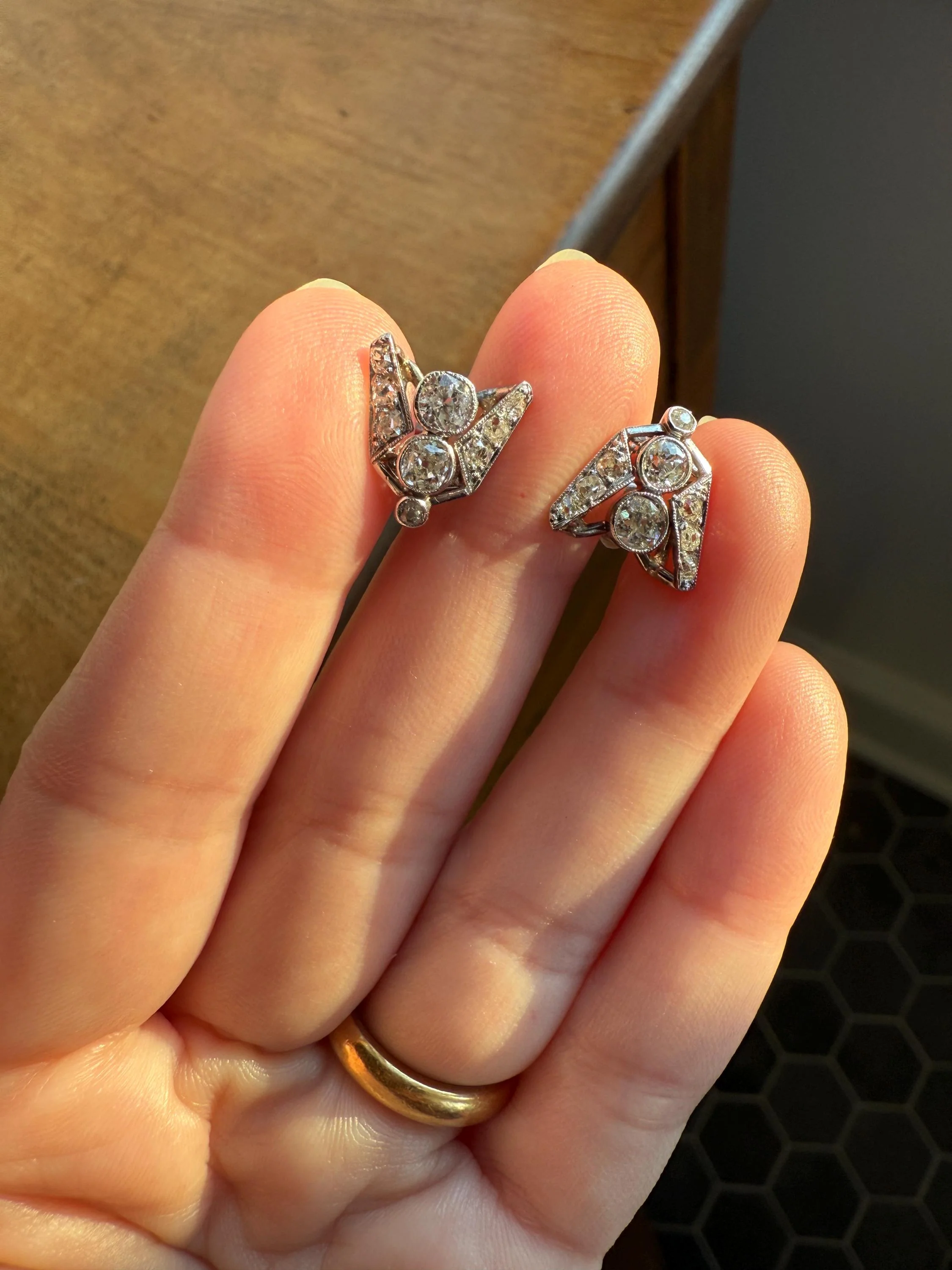 GEOMETRIC Art Deco 1 Carat Old Mine Cut Diamond 18k White Gold Stud Vintage Earrings Architectural Triangle Bezel Set Milgrain Studs - Image 16