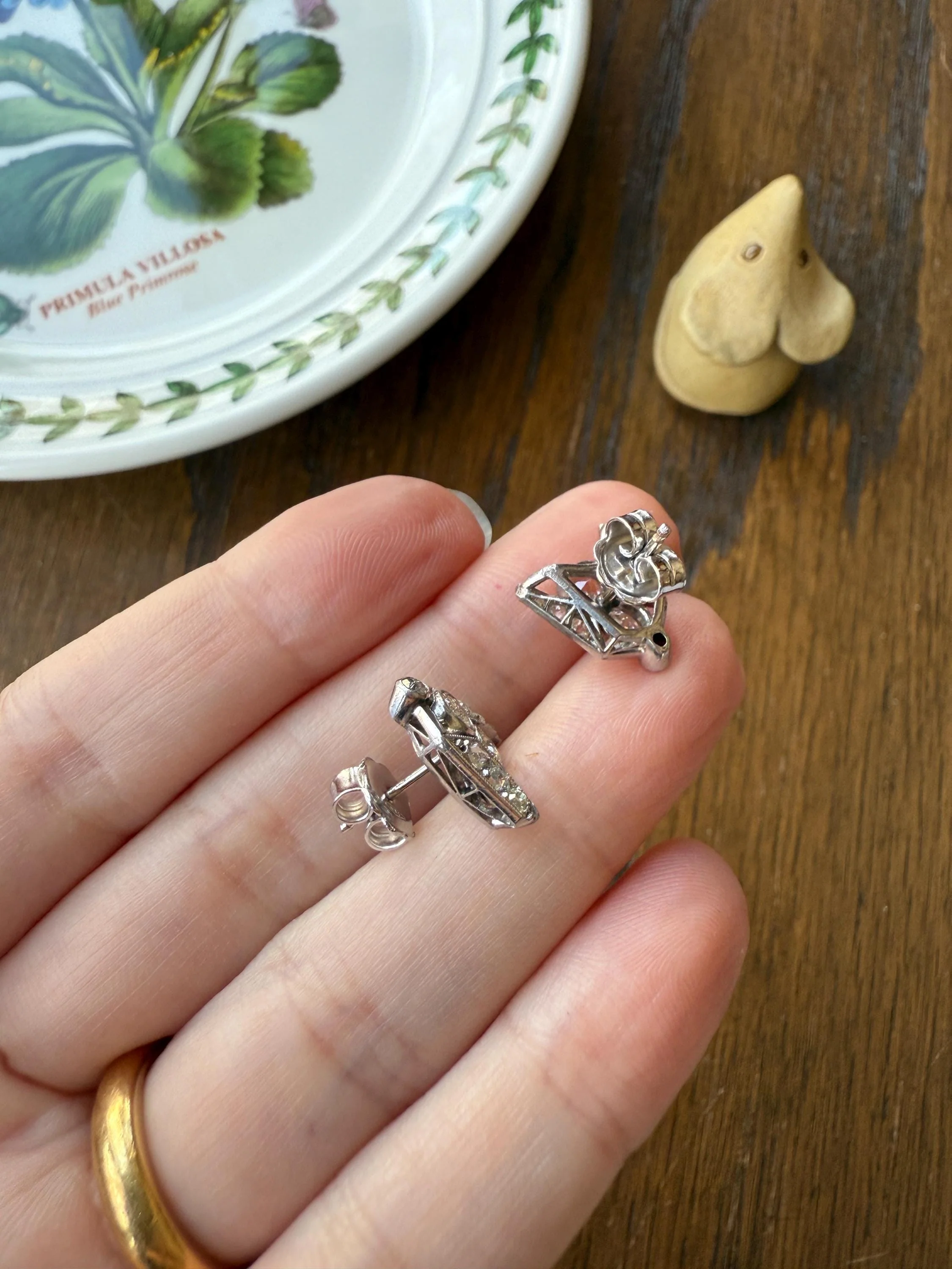 GEOMETRIC Art Deco 1 Carat Old Mine Cut Diamond 18k White Gold Stud Vintage Earrings Architectural Triangle Bezel Set Milgrain Studs - Image 20
