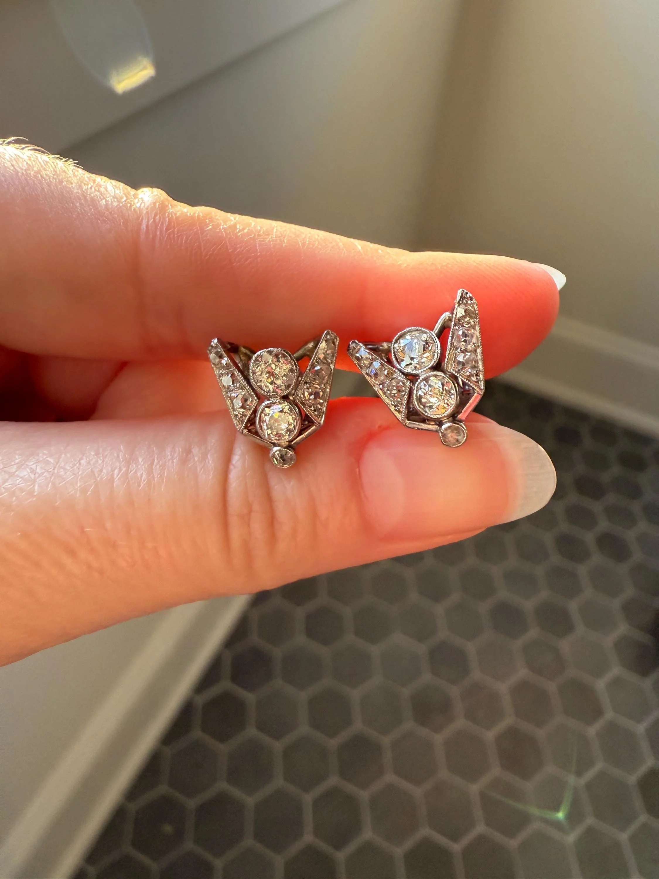 GEOMETRIC Art Deco 1 Carat Old Mine Cut Diamond 18k White Gold Stud Vintage Earrings Architectural Triangle Bezel Set Milgrain Studs - Image 21