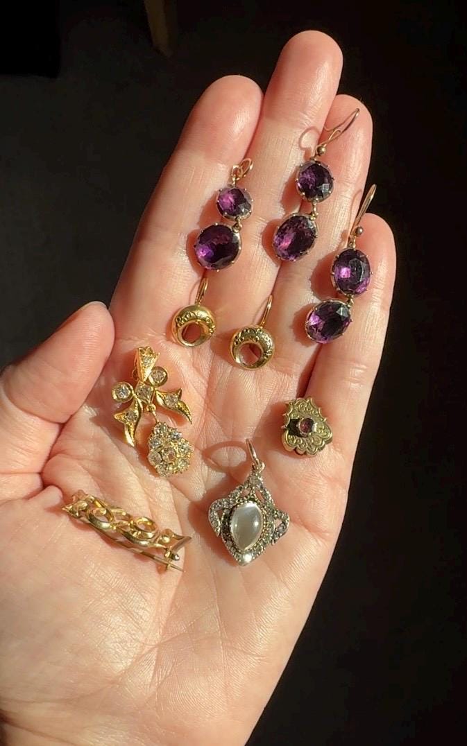 GEORGIAN Antique 10k GOLD Purple Paste Amethyst Dangle EARRINGS Domed Foil Backed Violet - Image 10