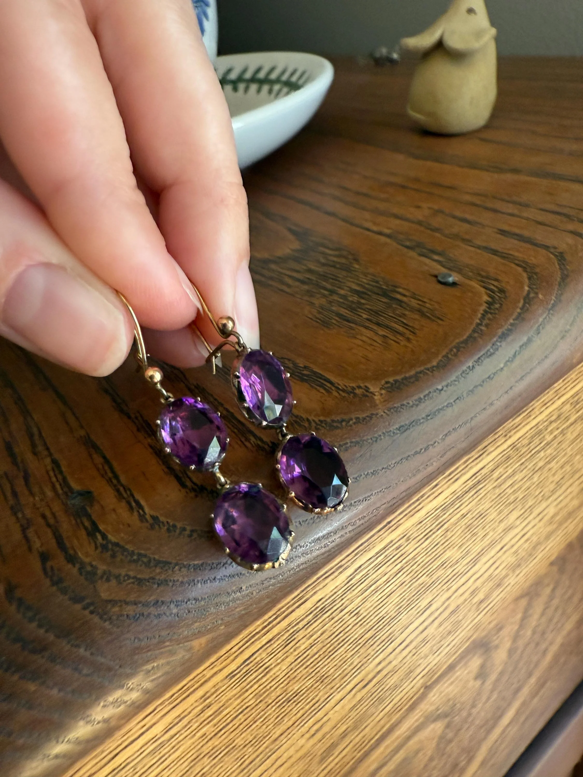 GEORGIAN Antique 10k GOLD Purple Paste Amethyst Dangle EARRINGS Domed Foil Backed Violet - Image 8