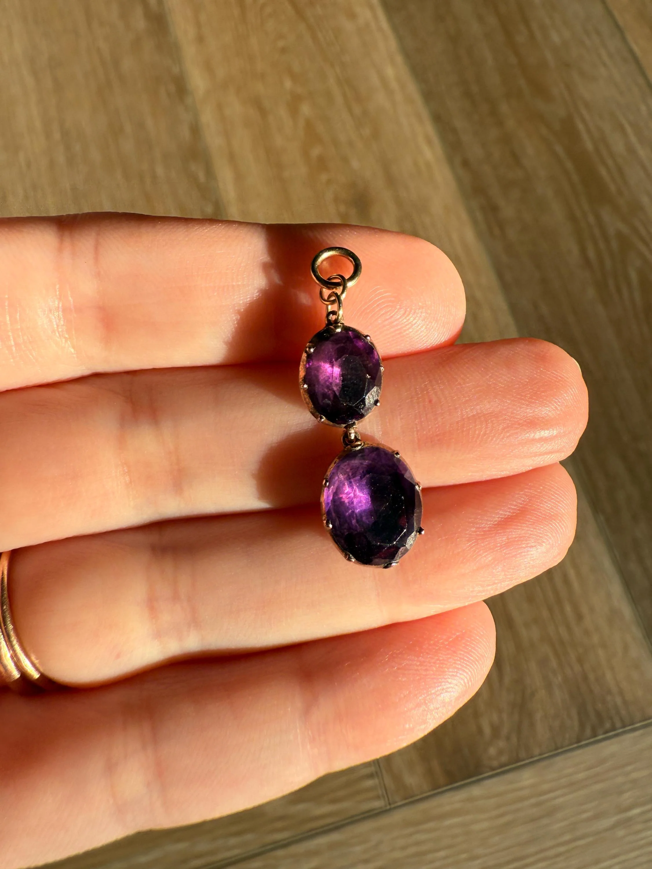 GEORGIAN Antique 10k GOLD Purple Paste Amethyst Dangle Pendant Domed Foil Backed Violet - Image 3