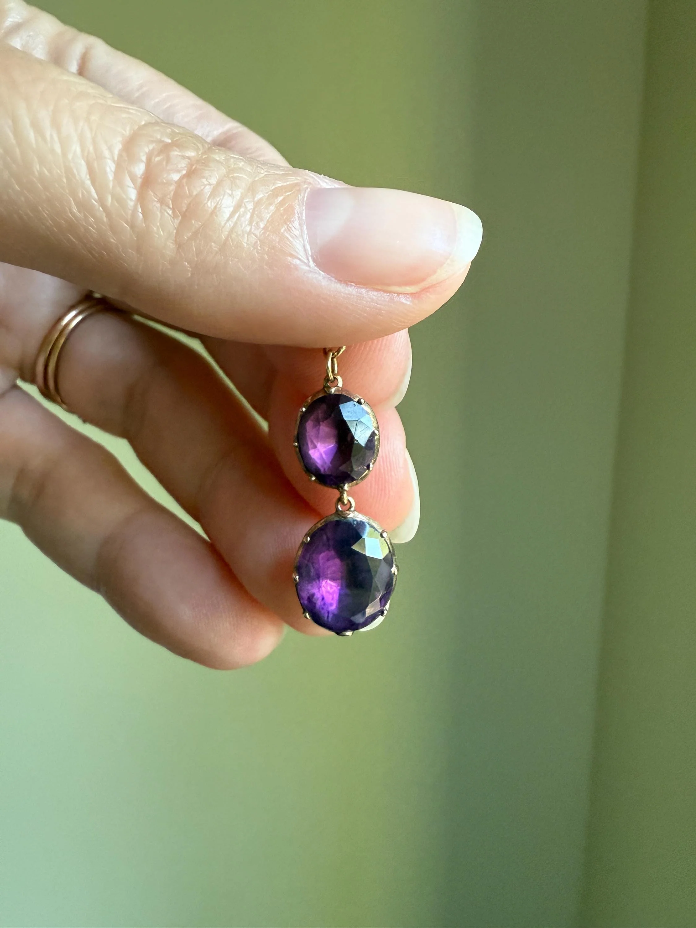 GEORGIAN Antique 10k GOLD Purple Paste Amethyst Dangle Pendant Domed Foil Backed Violet - Image 6