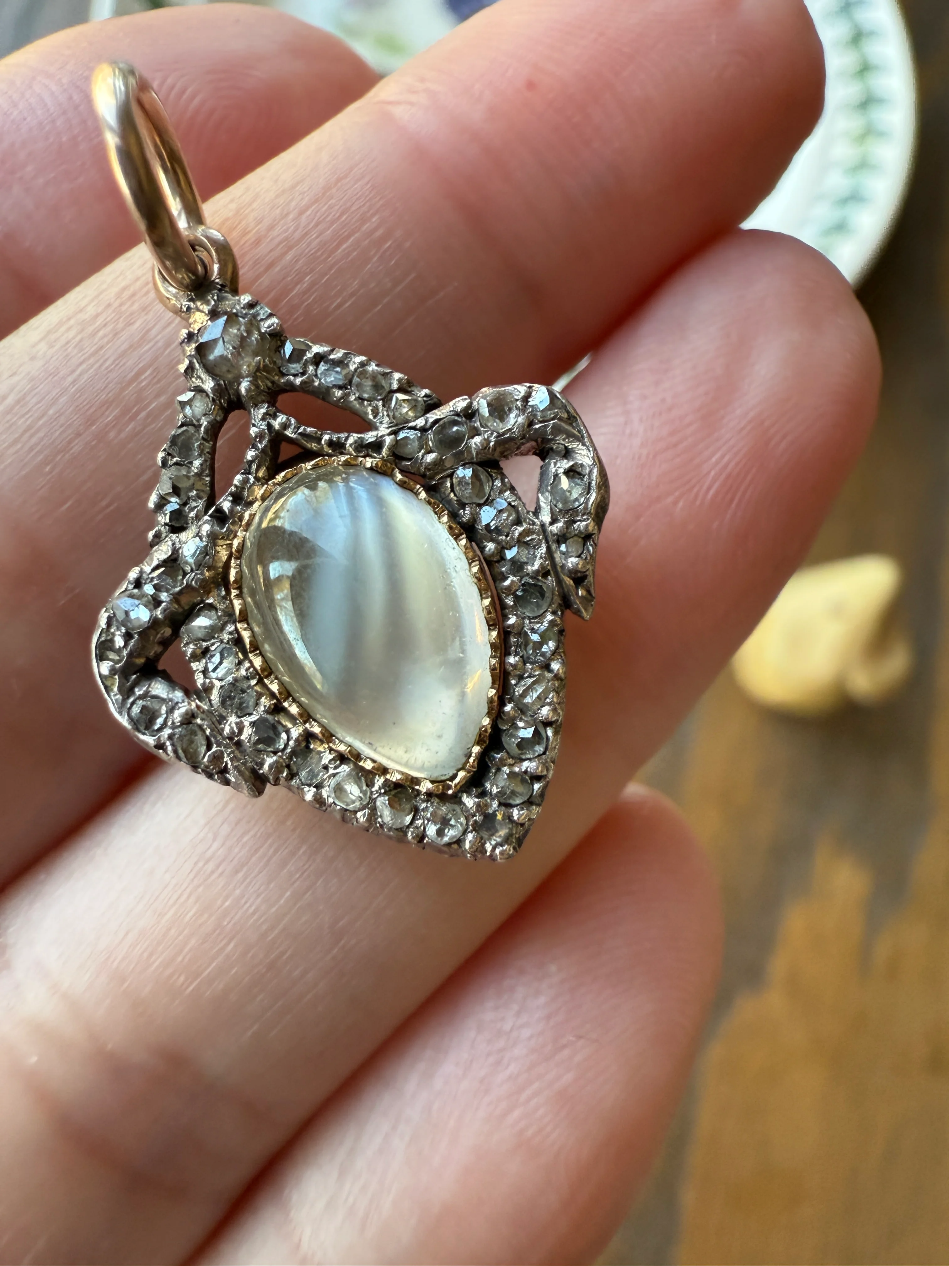 GEORGIAN Antique Bowed HEART Garland Halo Locket Back Pendant 10k Gold Silver Moonstone Rose Cut DIAMOND Magnifier Gift Figural - Image 19