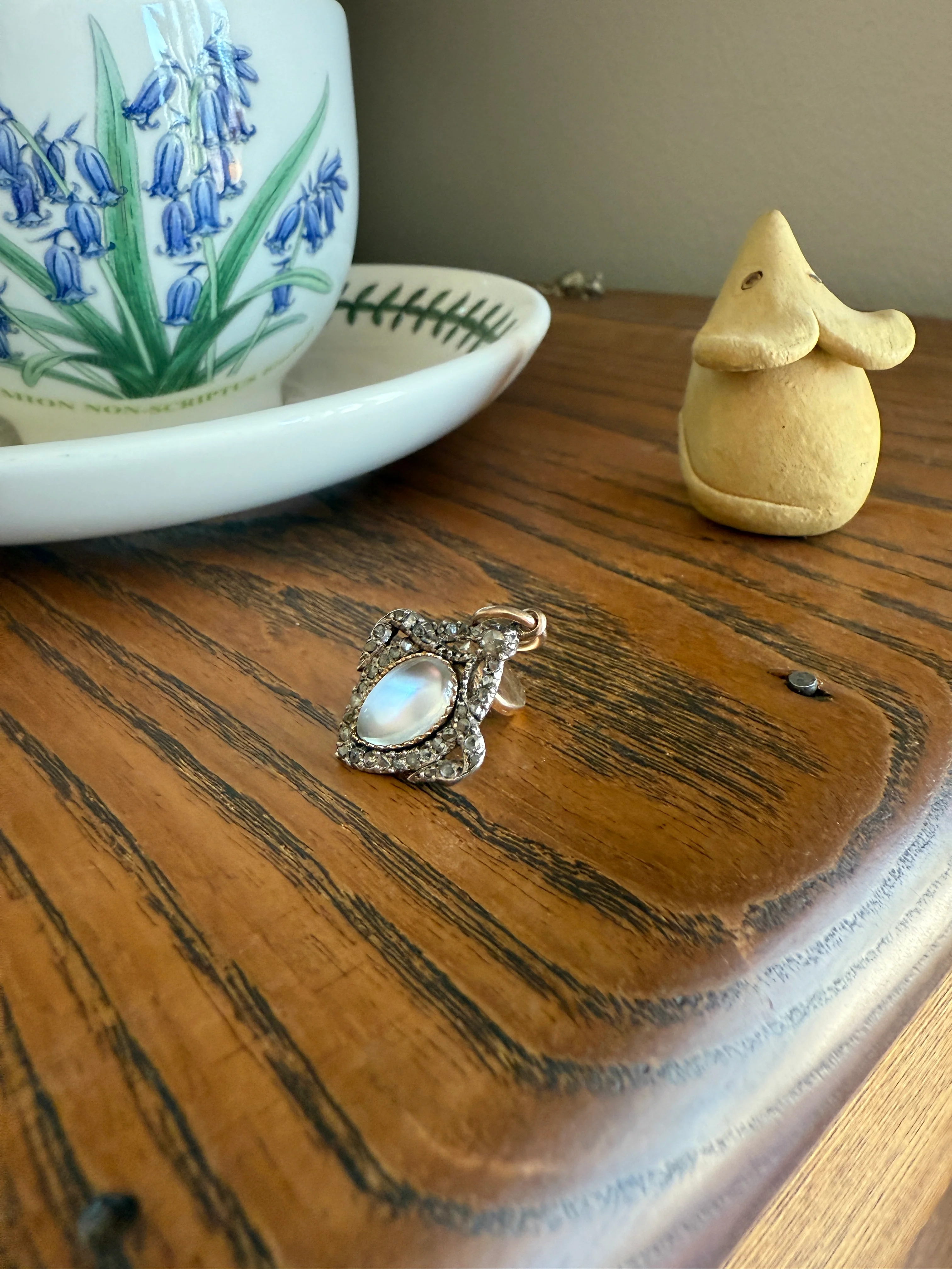 GEORGIAN Antique Bowed HEART Garland Halo Locket Back Pendant 10k Gold Silver Moonstone Rose Cut DIAMOND Magnifier Gift Figural - Image 20