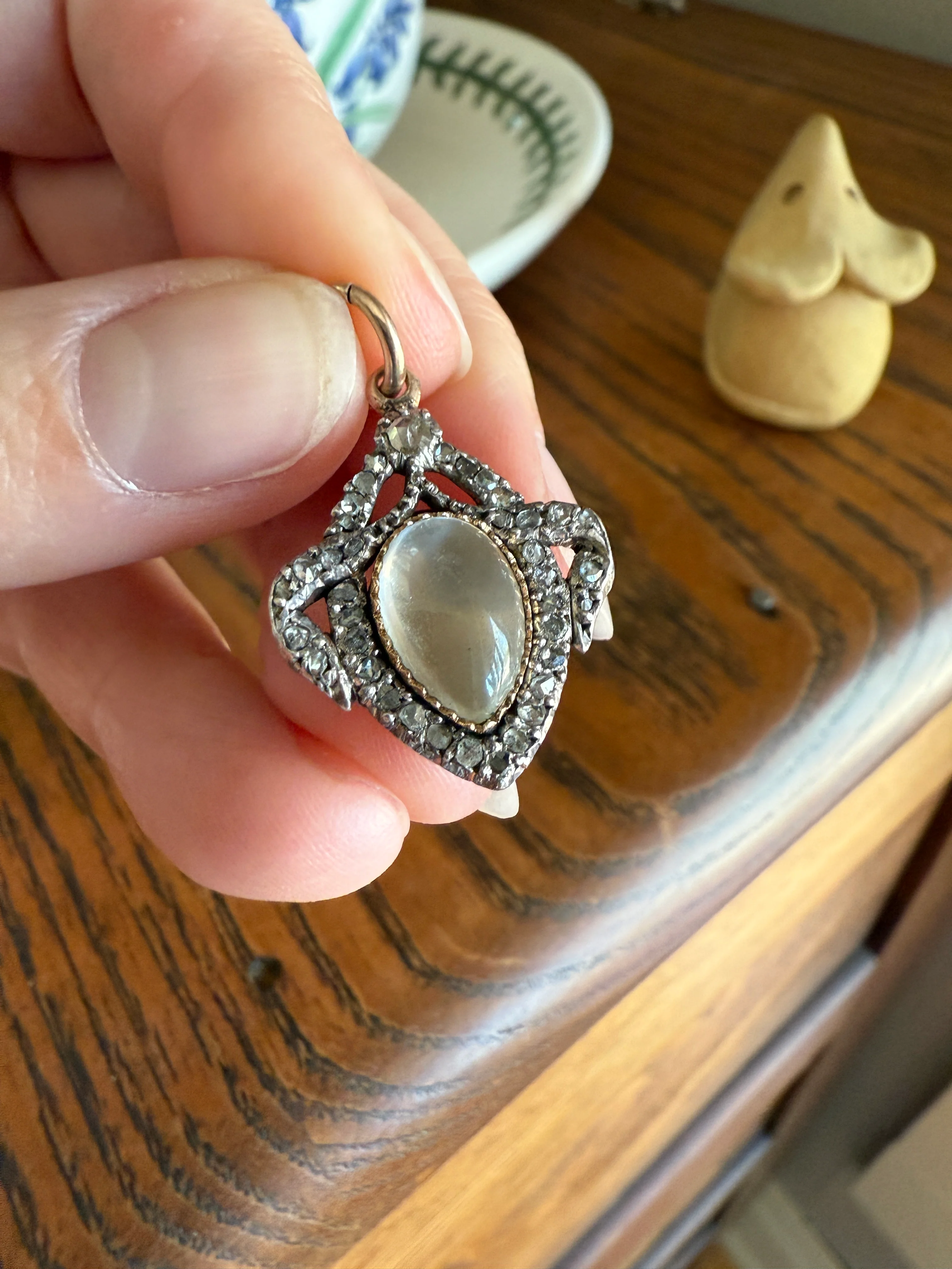 GEORGIAN Antique Bowed HEART Garland Halo Locket Back Pendant 10k Gold Silver Moonstone Rose Cut DIAMOND Magnifier Gift Figural - Image 23