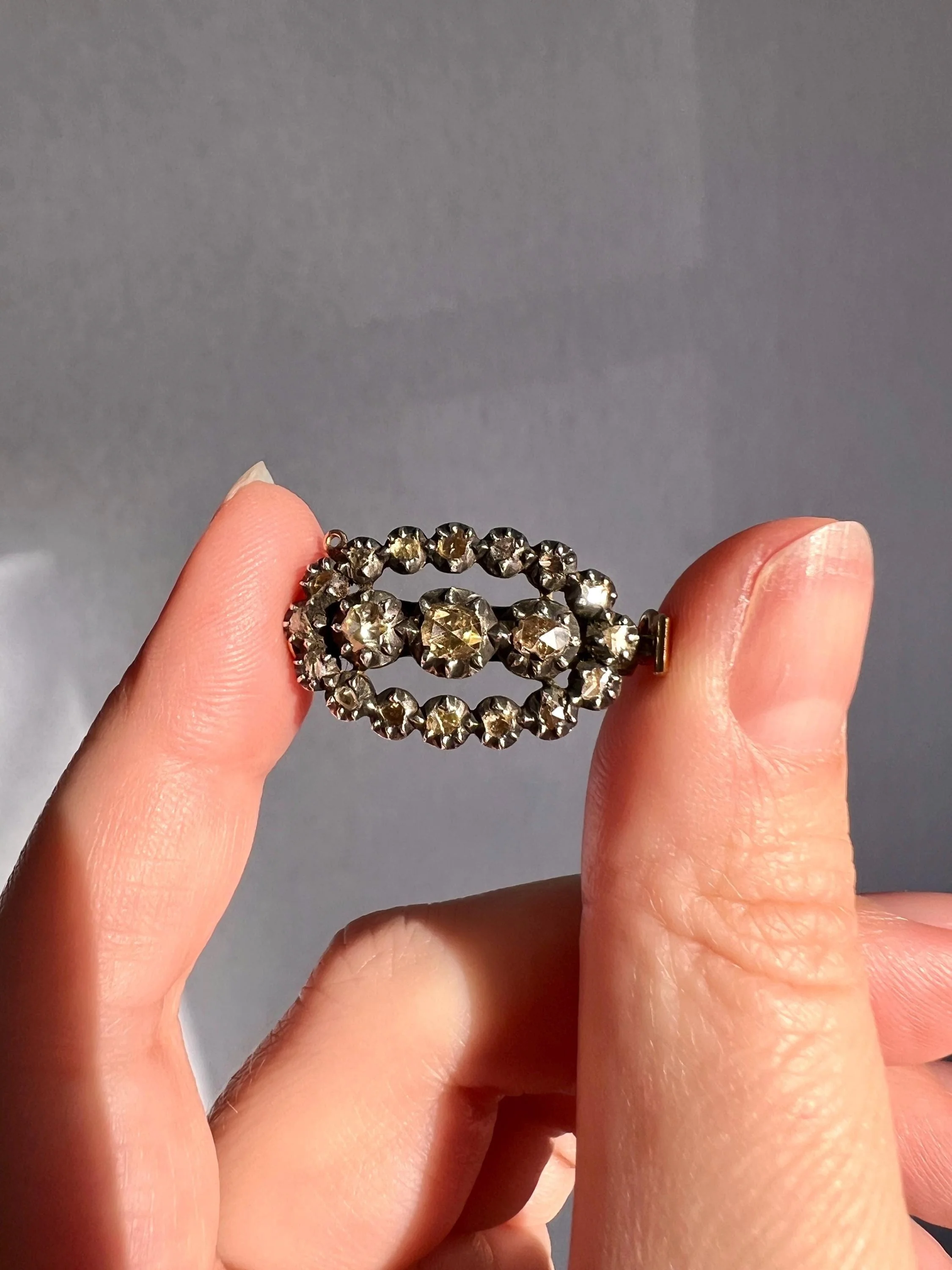 GEORGIAN Antique French CLASP Connector Oval PEACH Champagne Rose Cut Diamond 9k Gold Silver Collets Pendant Large Extender Victorian Parts - Image 11