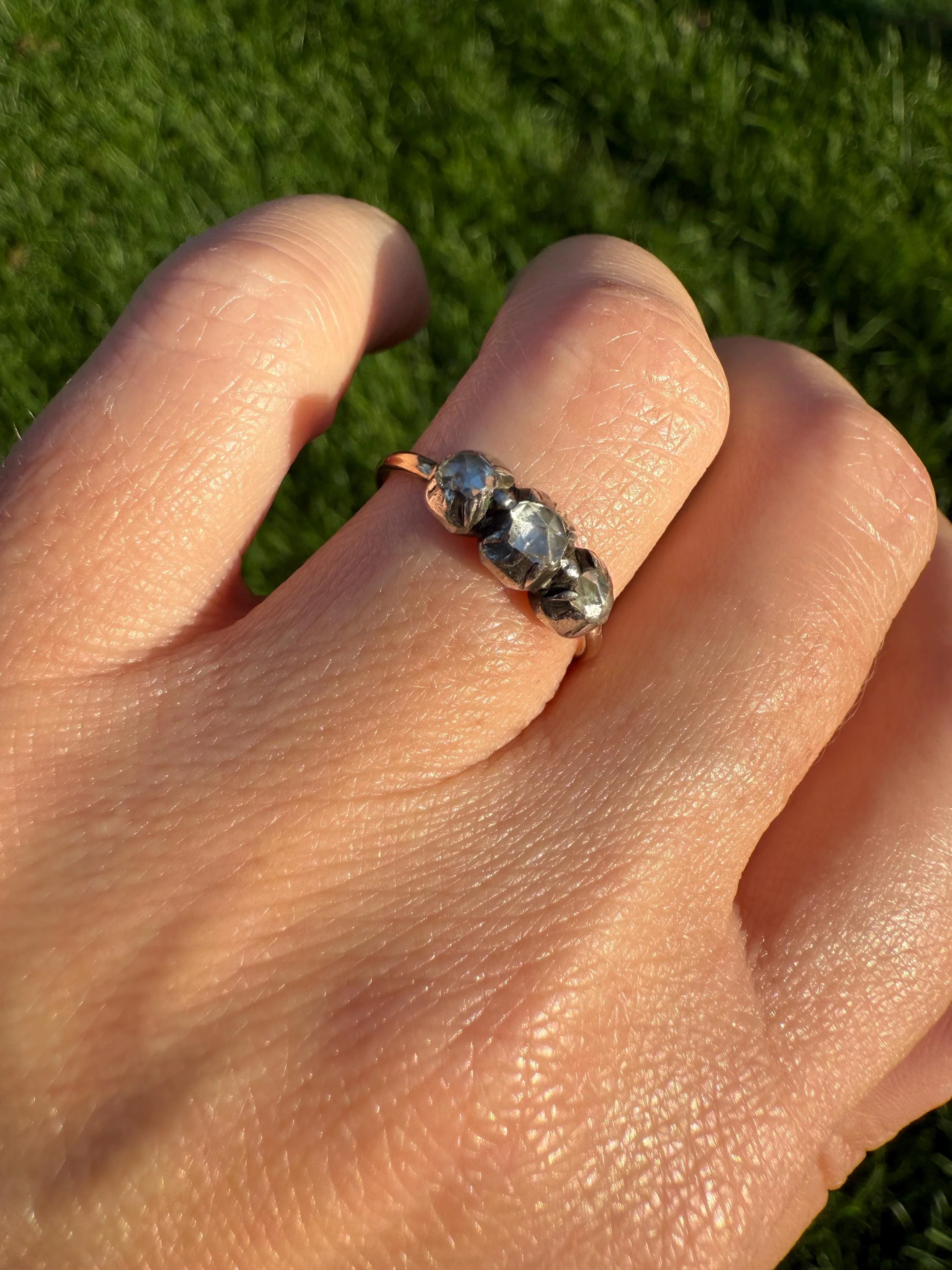 Georgian Antique Rose Cut DIAMOND Three Stone Ring 18k Gold Silver Foiled Collets French Domed Stackable Band