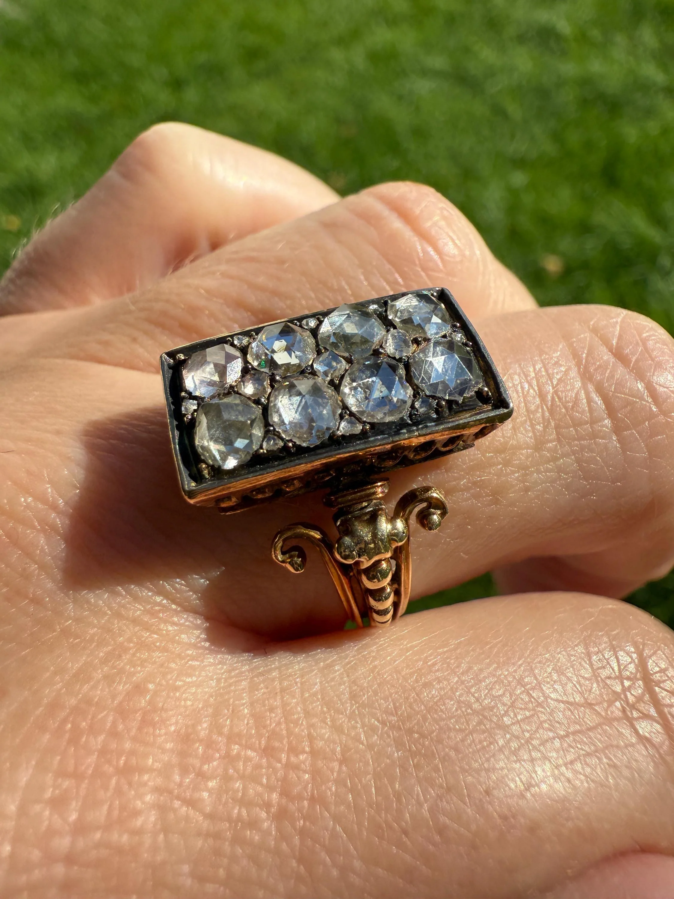 Georgian Era Antique 1 CARAT+ Rose Cut DIAMOND Disco Ball Grid Panel Lozenge Cluster Ring 18k Gold Silver Collets Stacker Gift Faces Up 2Ctw - Image 10