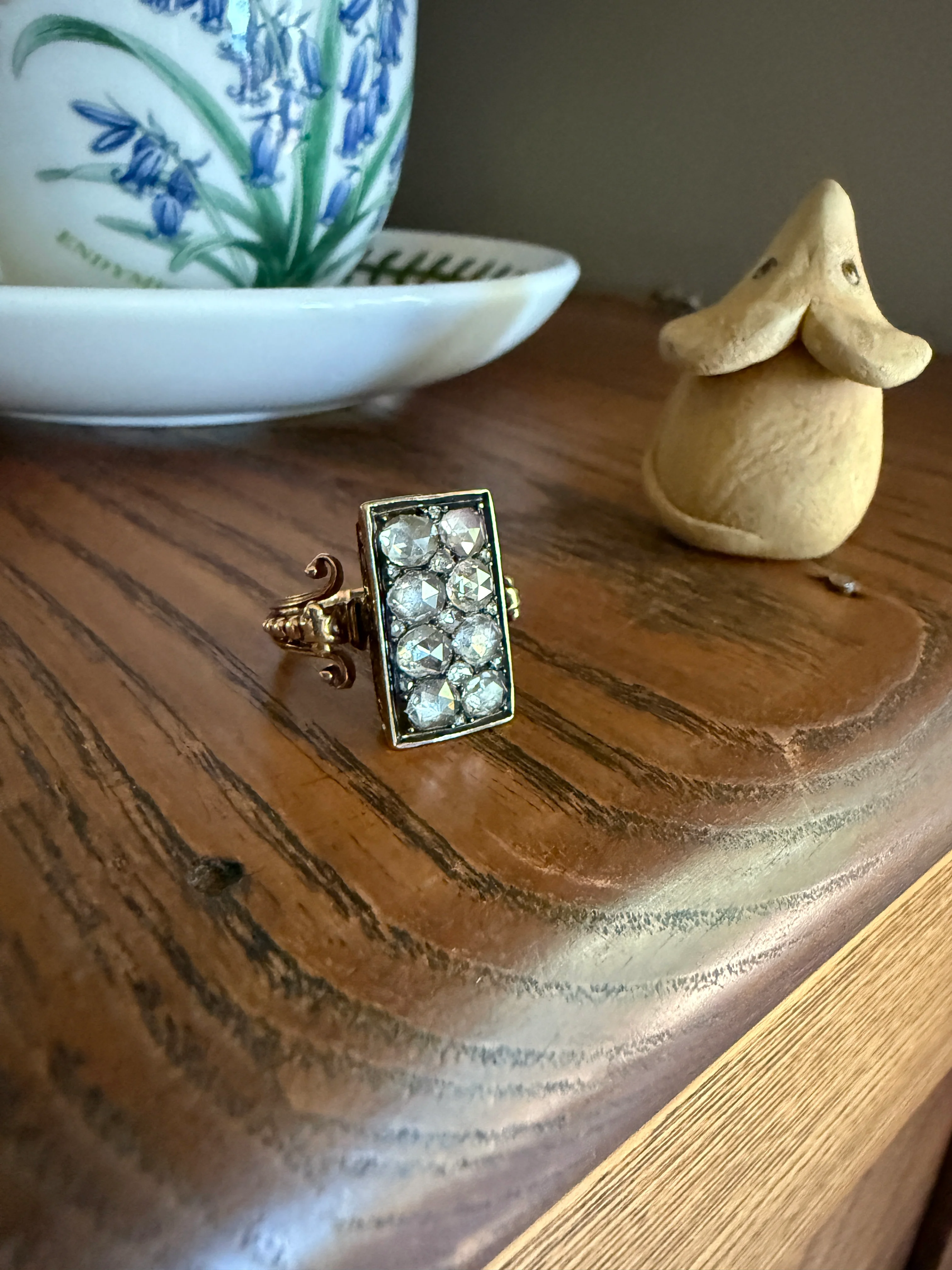 Georgian Era Antique 1 CARAT+ Rose Cut DIAMOND Disco Ball Grid Panel Lozenge Cluster Ring 18k Gold Silver Collets Stacker Gift Faces Up 2Ctw - Image 12