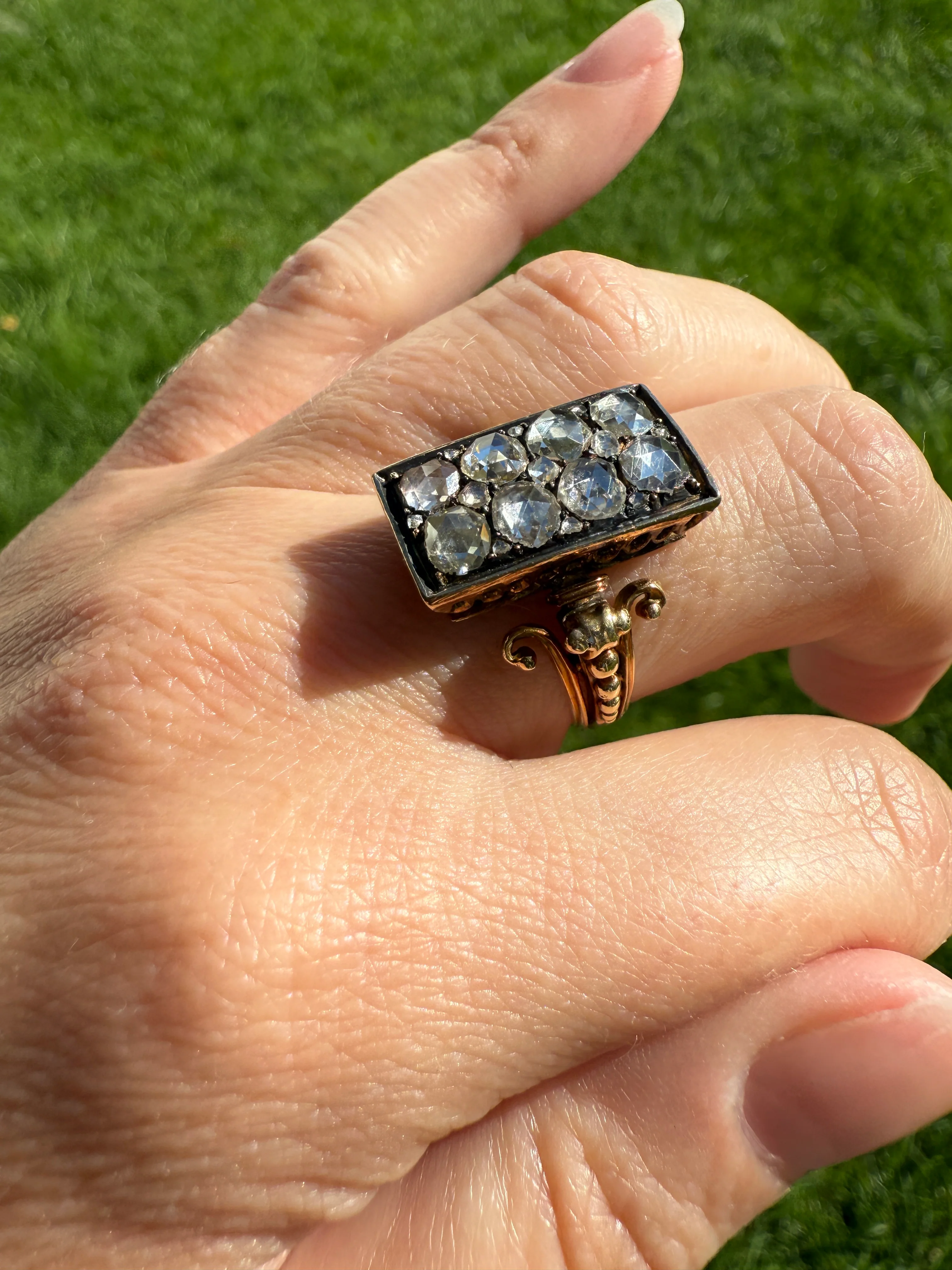 Georgian Era Antique 1 CARAT+ Rose Cut DIAMOND Disco Ball Grid Panel Lozenge Cluster Ring 18k Gold Silver Collets Stacker Gift Faces Up 2Ctw - Image 13