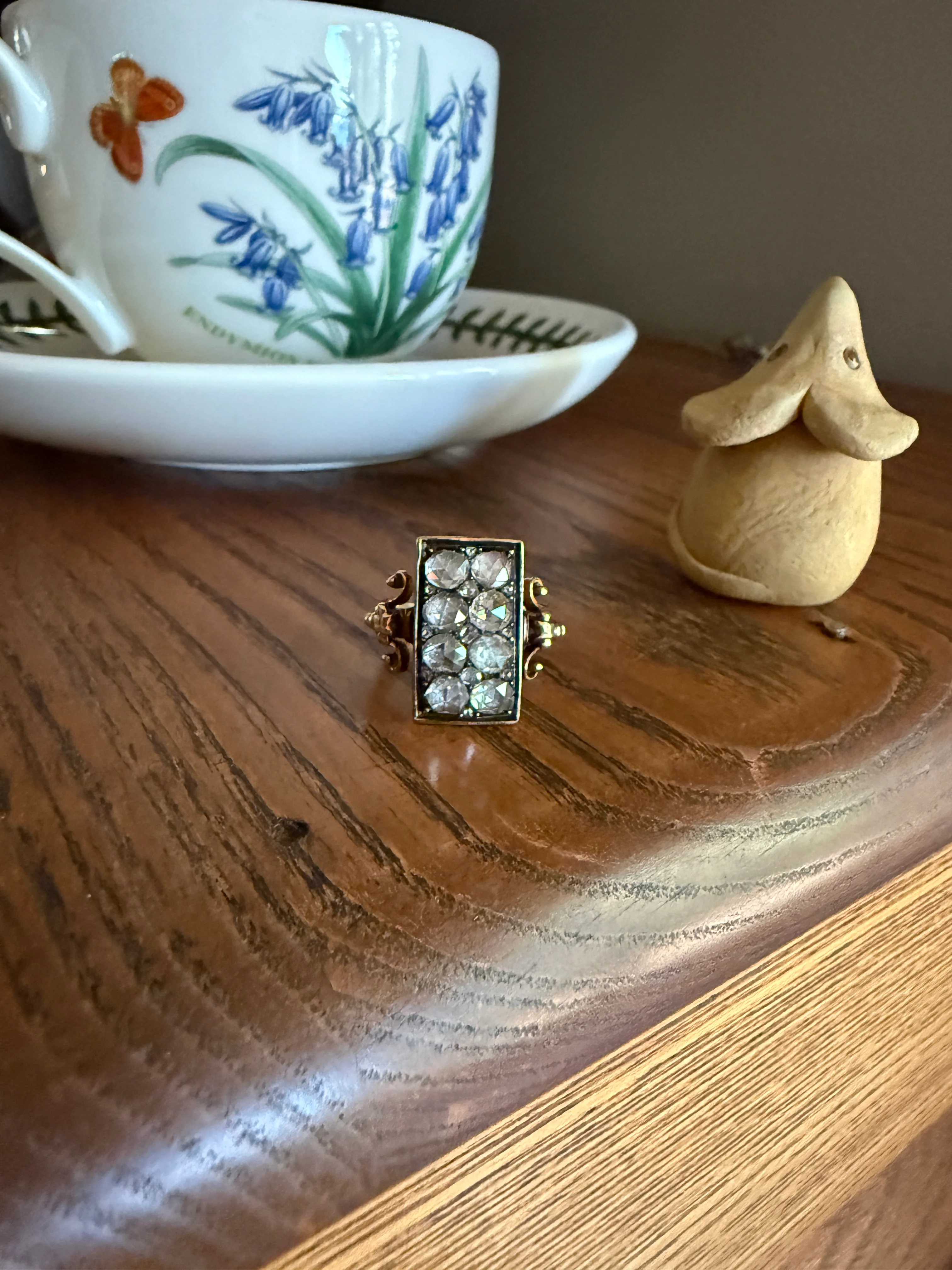Georgian Era Antique 1 CARAT+ Rose Cut DIAMOND Disco Ball Grid Panel Lozenge Cluster Ring 18k Gold Silver Collets Stacker Gift Faces Up 2Ctw - Image 14