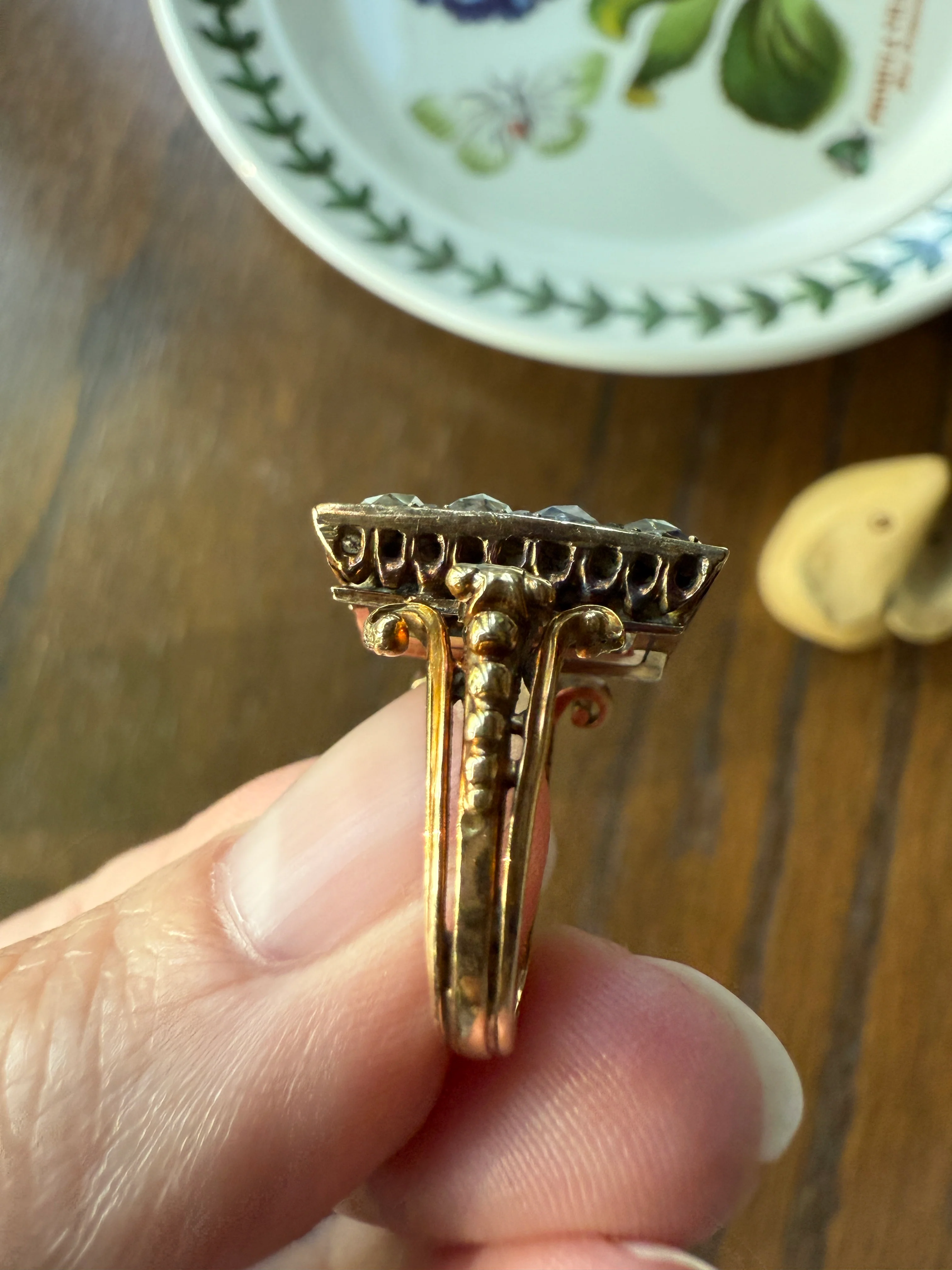 Georgian Era Antique 1 CARAT+ Rose Cut DIAMOND Disco Ball Grid Panel Lozenge Cluster Ring 18k Gold Silver Collets Stacker Gift Faces Up 2Ctw - Image 16
