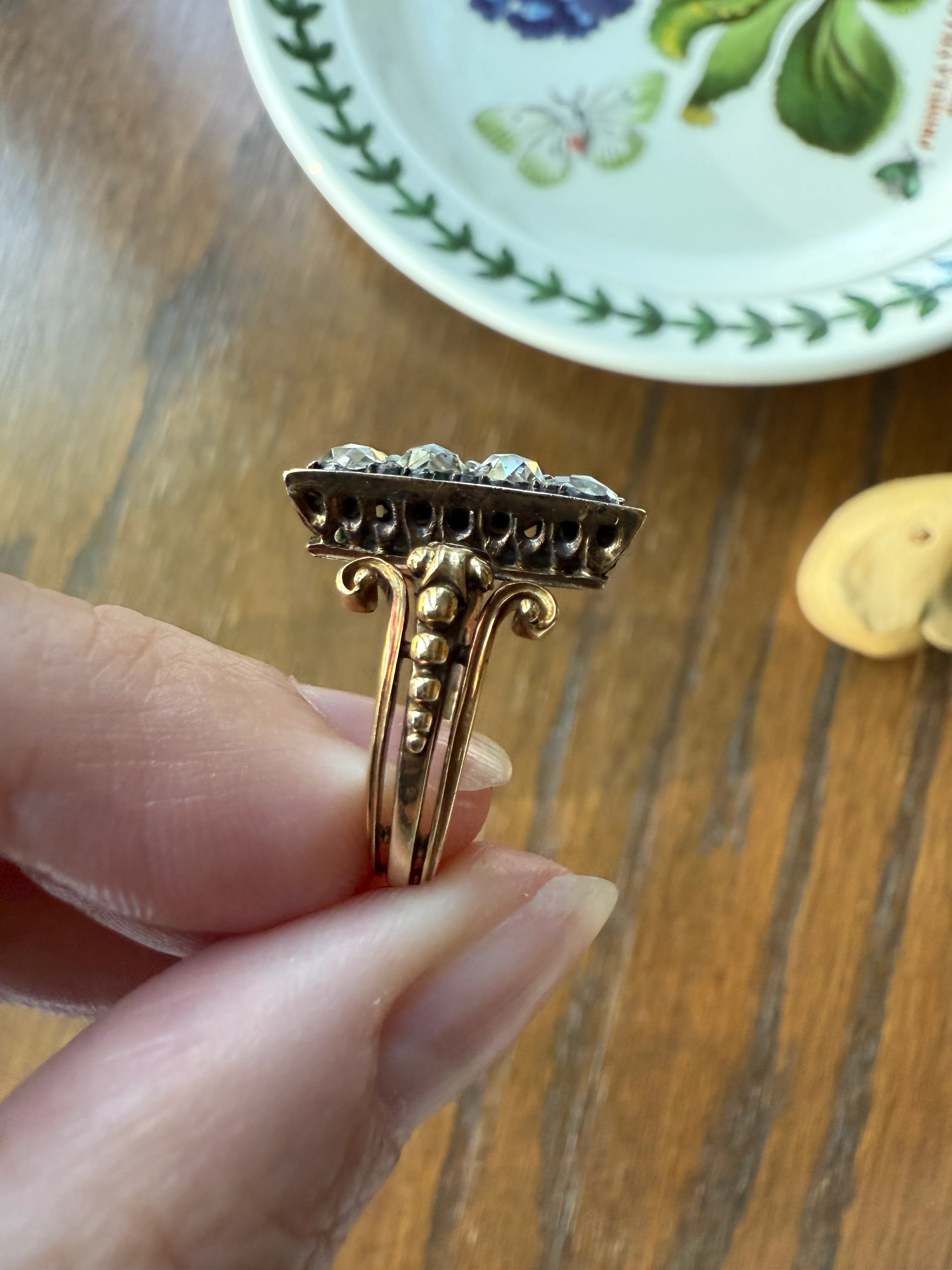 Georgian Era Antique 1 CARAT+ Rose Cut DIAMOND Disco Ball Grid Panel Lozenge Cluster Ring 18k Gold Silver Collets Stacker Gift Faces Up 2Ctw - Image 17