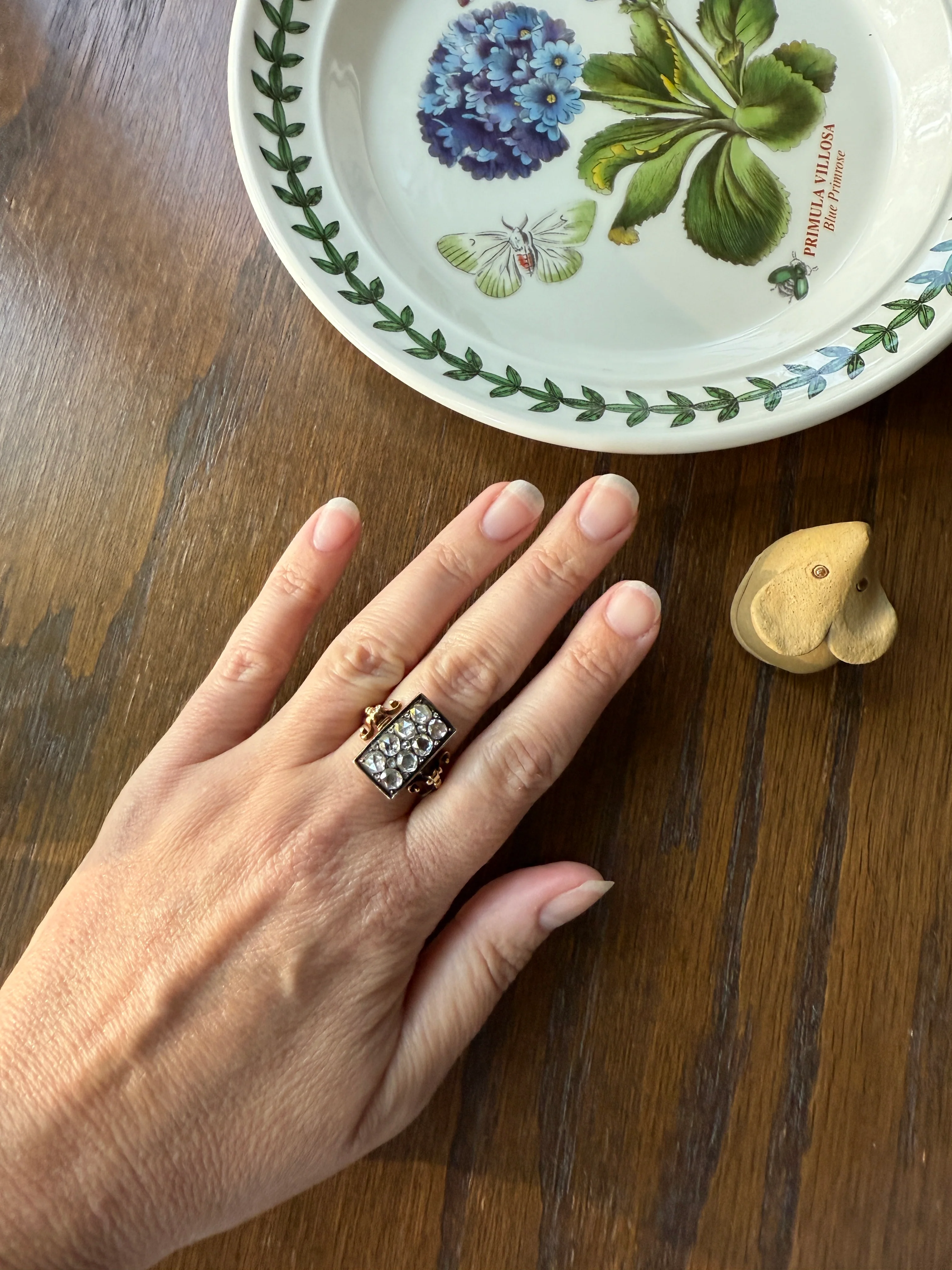 Georgian Era Antique 1 CARAT+ Rose Cut DIAMOND Disco Ball Grid Panel Lozenge Cluster Ring 18k Gold Silver Collets Stacker Gift Faces Up 2Ctw - Image 18