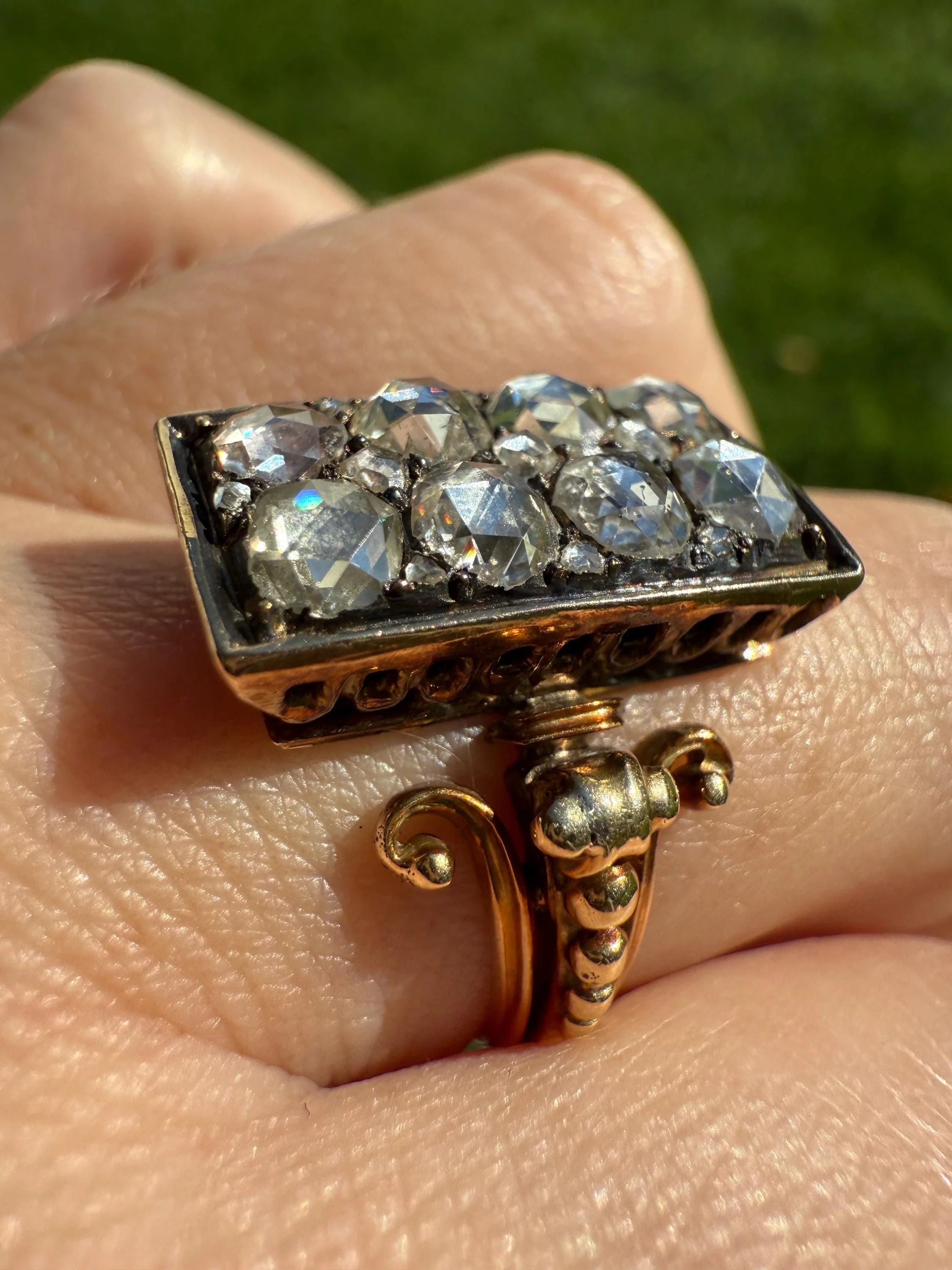 Georgian Era Antique 1 CARAT+ Rose Cut DIAMOND Disco Ball Grid Panel Lozenge Cluster Ring 18k Gold Silver Collets Stacker Gift Faces Up 2Ctw - Image 2