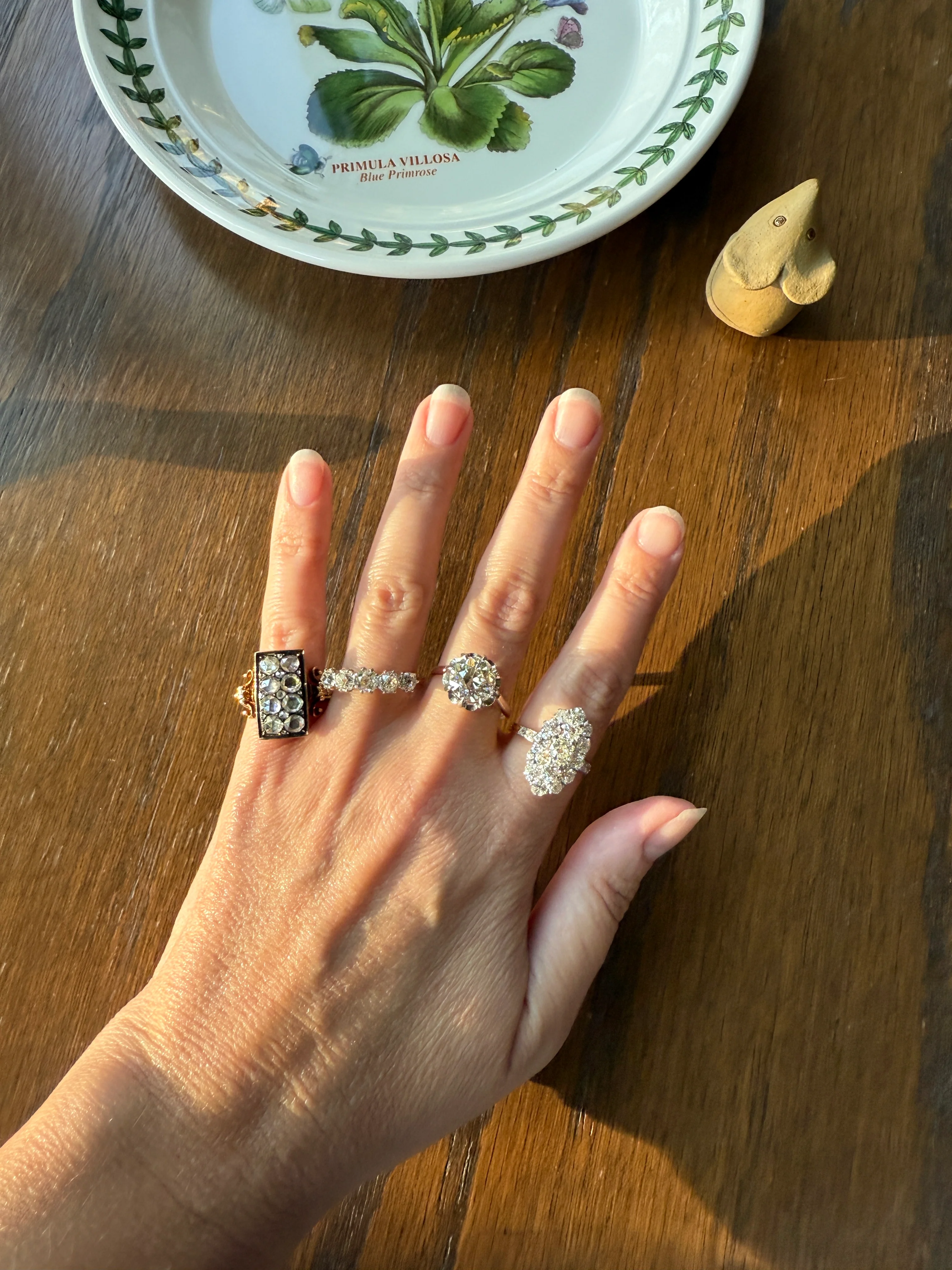 Georgian Era Antique 1 CARAT+ Rose Cut DIAMOND Disco Ball Grid Panel Lozenge Cluster Ring 18k Gold Silver Collets Stacker Gift Faces Up 2Ctw - Image 21