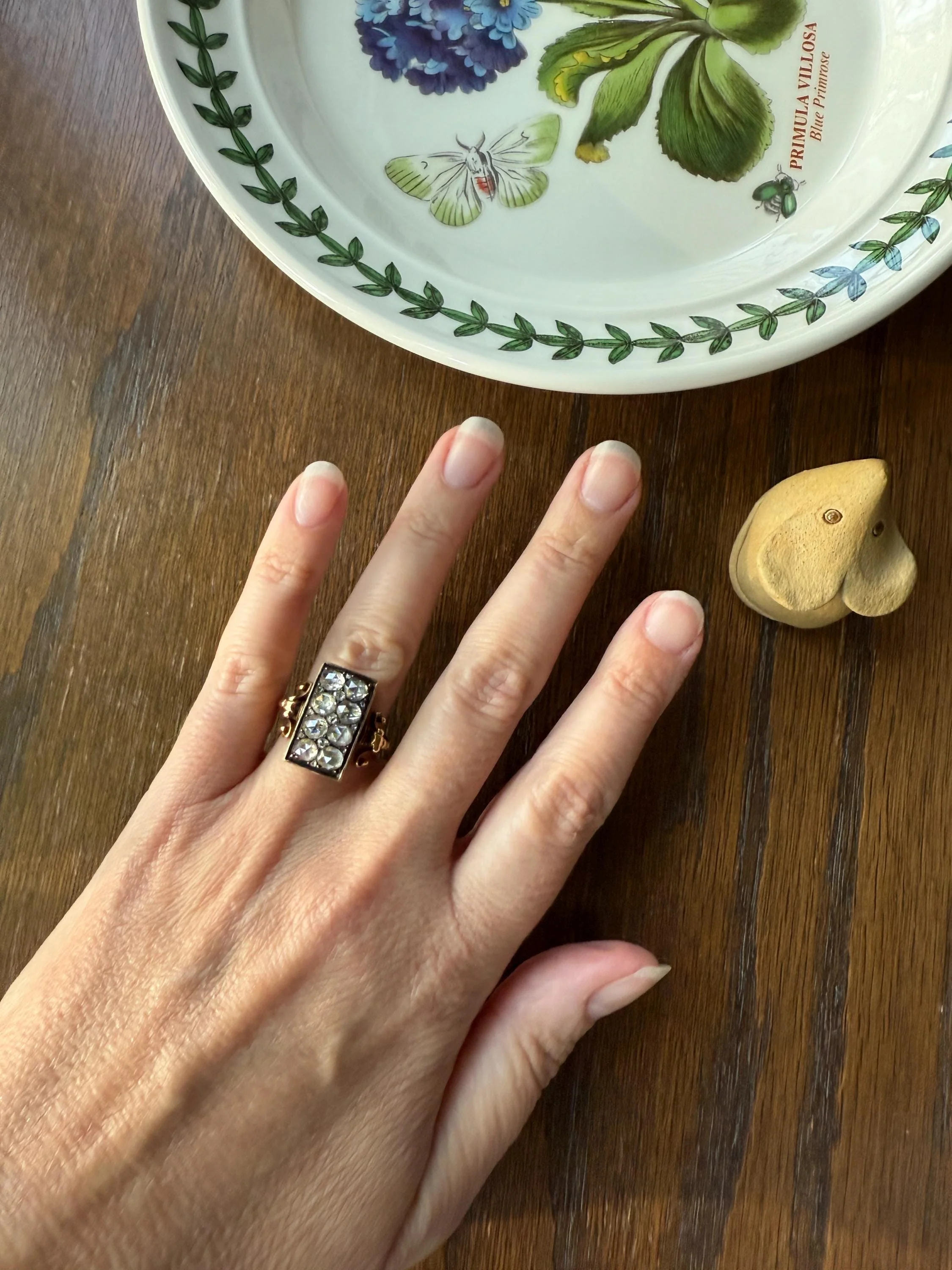 Georgian Era Antique 1 CARAT+ Rose Cut DIAMOND Disco Ball Grid Panel Lozenge Cluster Ring 18k Gold Silver Collets Stacker Gift Faces Up 2Ctw - Image 3