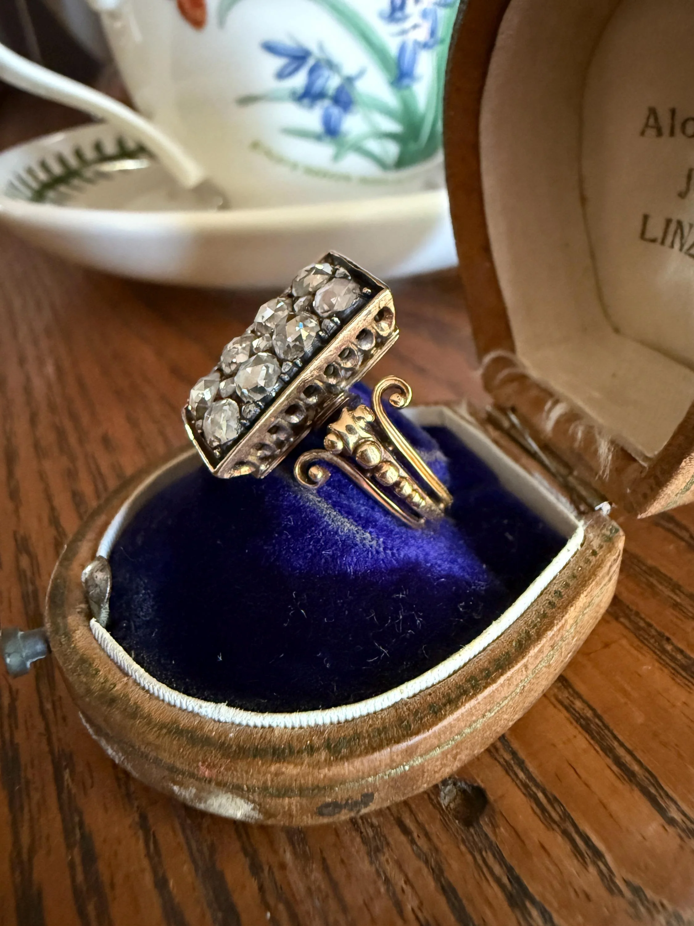 Georgian Era Antique 1 CARAT+ Rose Cut DIAMOND Disco Ball Grid Panel Lozenge Cluster Ring 18k Gold Silver Collets Stacker Gift Faces Up 2Ctw - Image 4