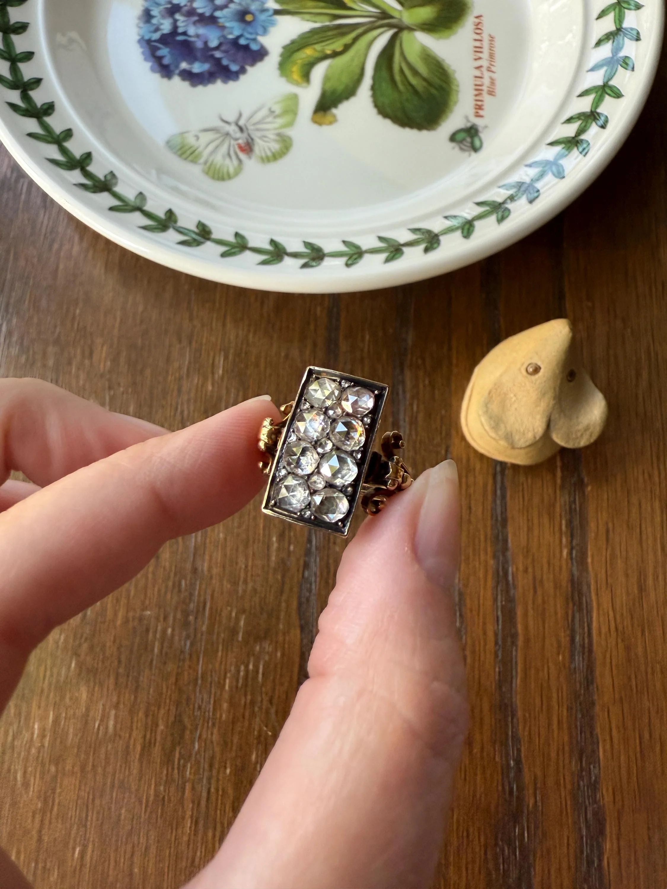 Georgian Era Antique 1 CARAT+ Rose Cut DIAMOND Disco Ball Grid Panel Lozenge Cluster Ring 18k Gold Silver Collets Stacker Gift Faces Up 2Ctw - Image 5