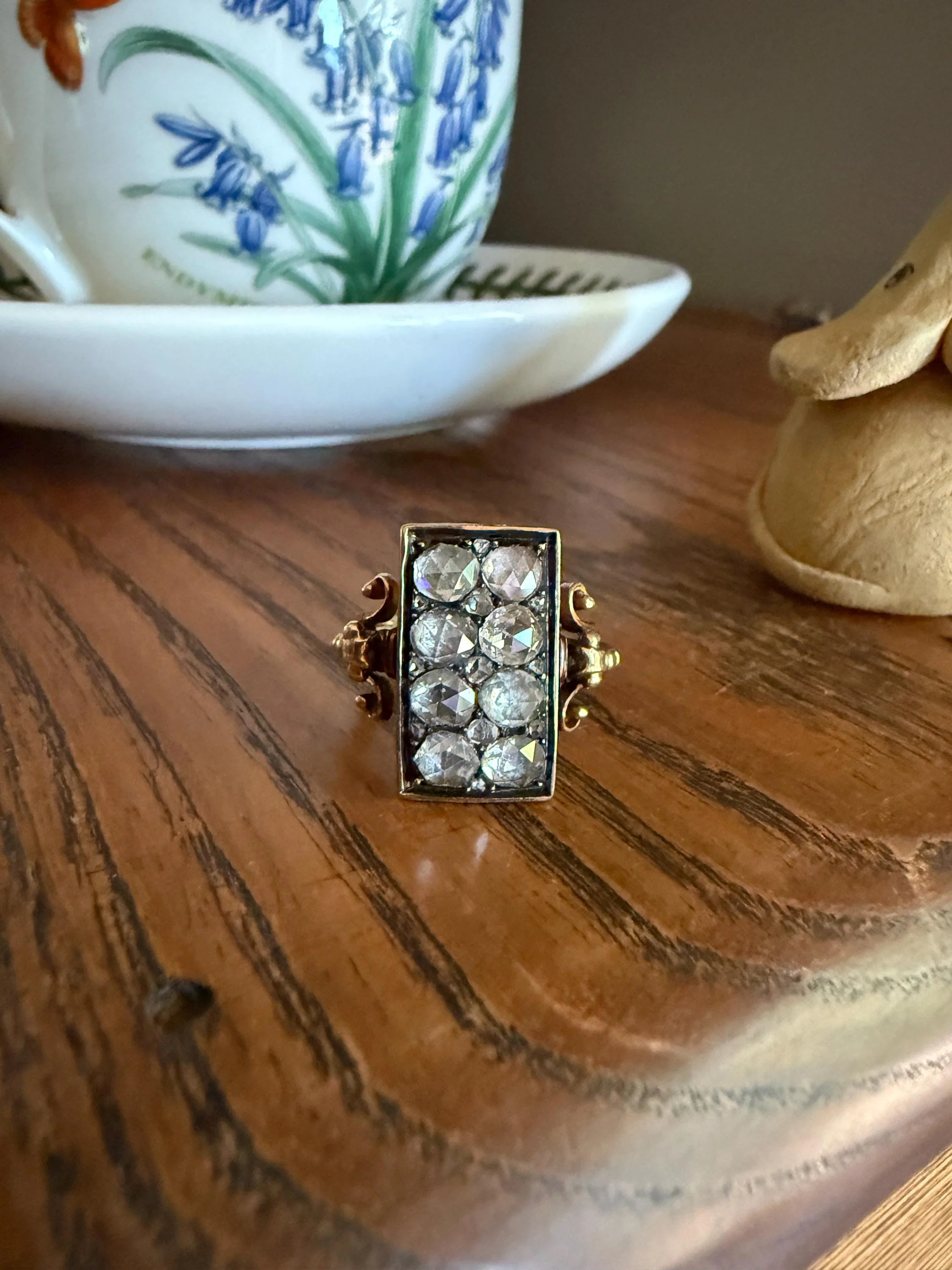 Georgian Era Antique 1 CARAT+ Rose Cut DIAMOND Disco Ball Grid Panel Lozenge Cluster Ring 18k Gold Silver Collets Stacker Gift Faces Up 2Ctw - Image 6