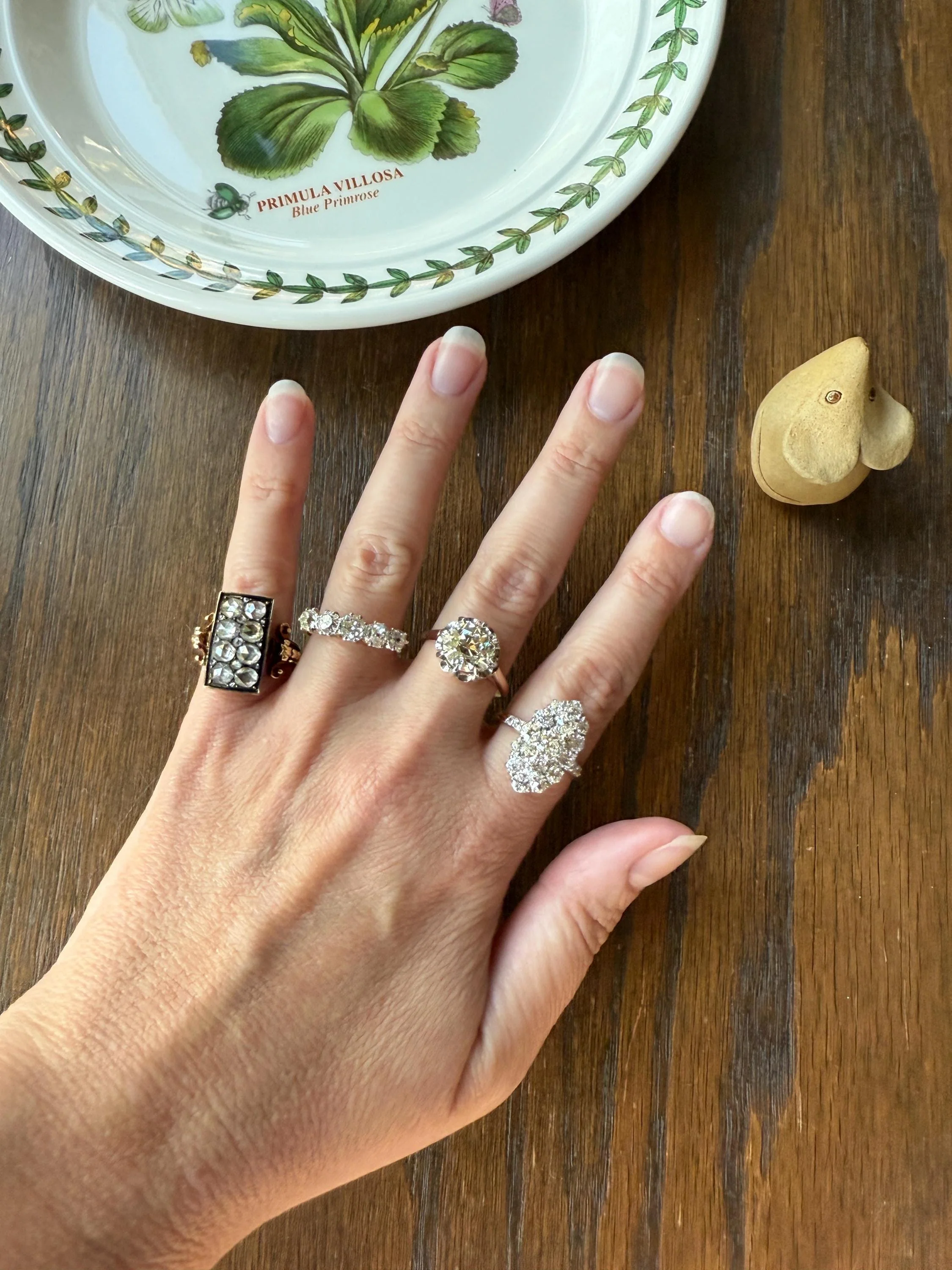 Georgian Era Antique 1 CARAT+ Rose Cut DIAMOND Disco Ball Grid Panel Lozenge Cluster Ring 18k Gold Silver Collets Stacker Gift Faces Up 2Ctw - Image 7