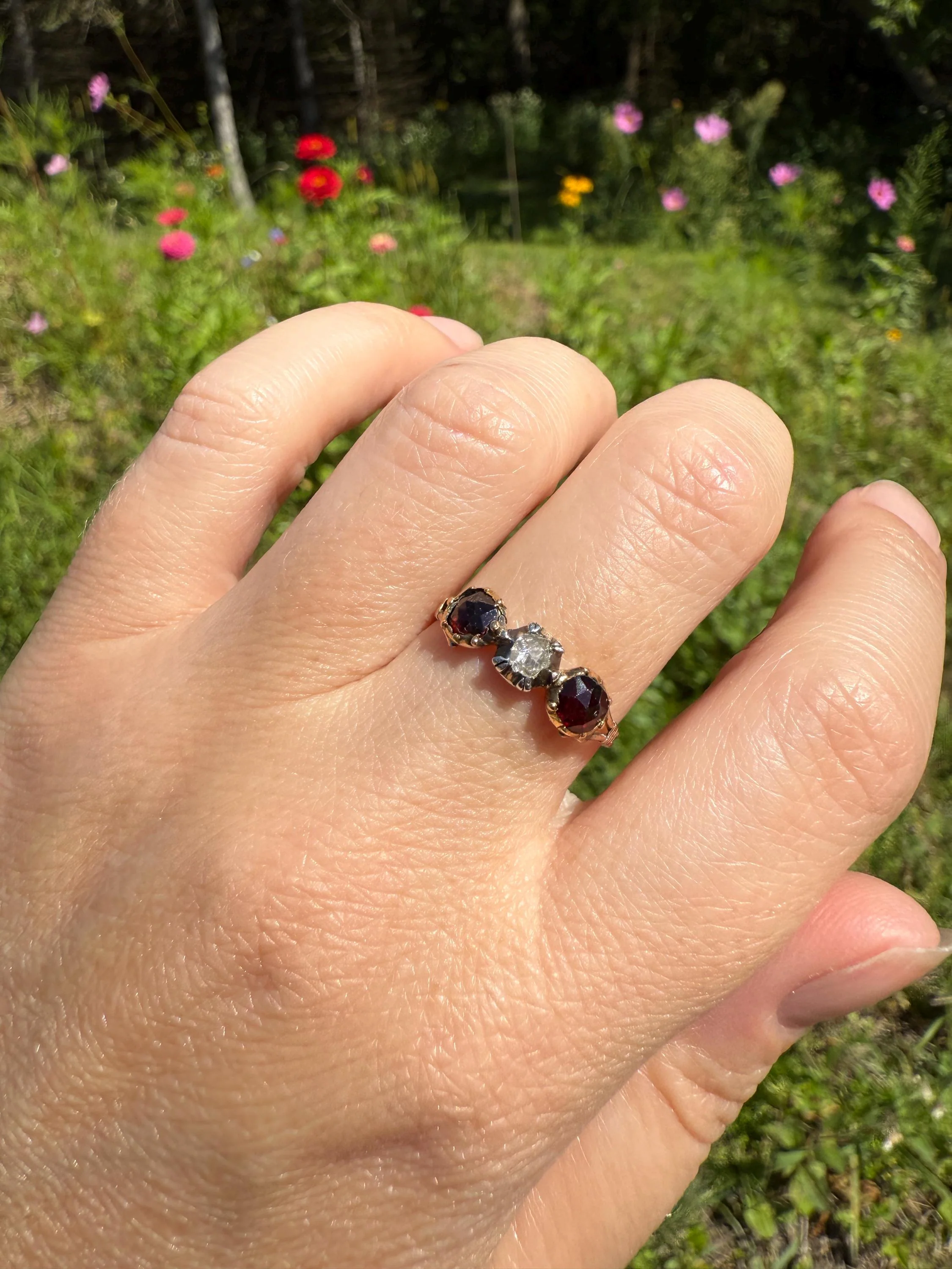 Georgian Era ANTIQUE Rose Cut Diamond & Red GARNET Three Stone RING 18k Gold Skinny Band - Image 3