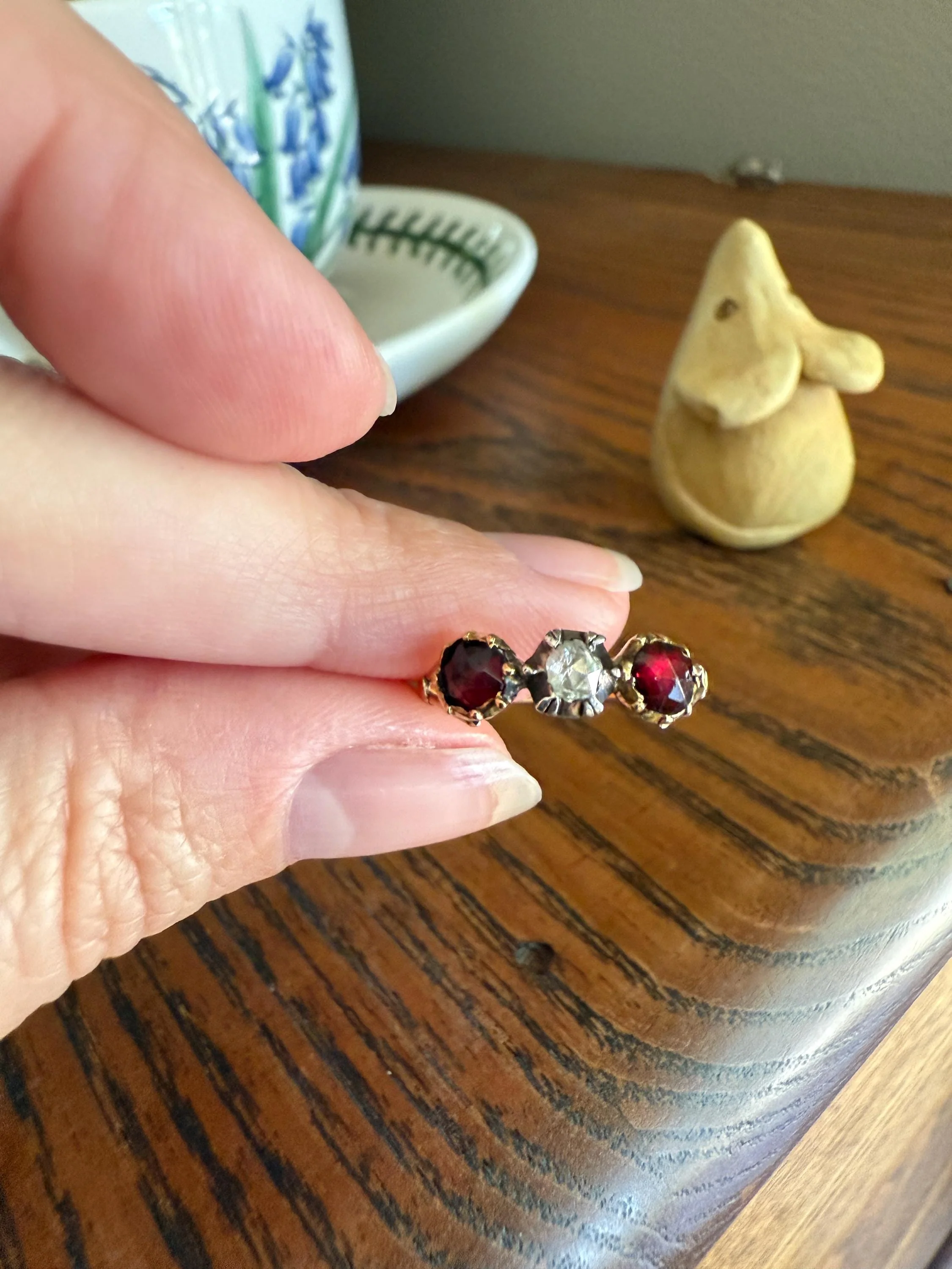 Georgian Era ANTIQUE Rose Cut Diamond & Red GARNET Three Stone RING 18k Gold Skinny Band - Image 5