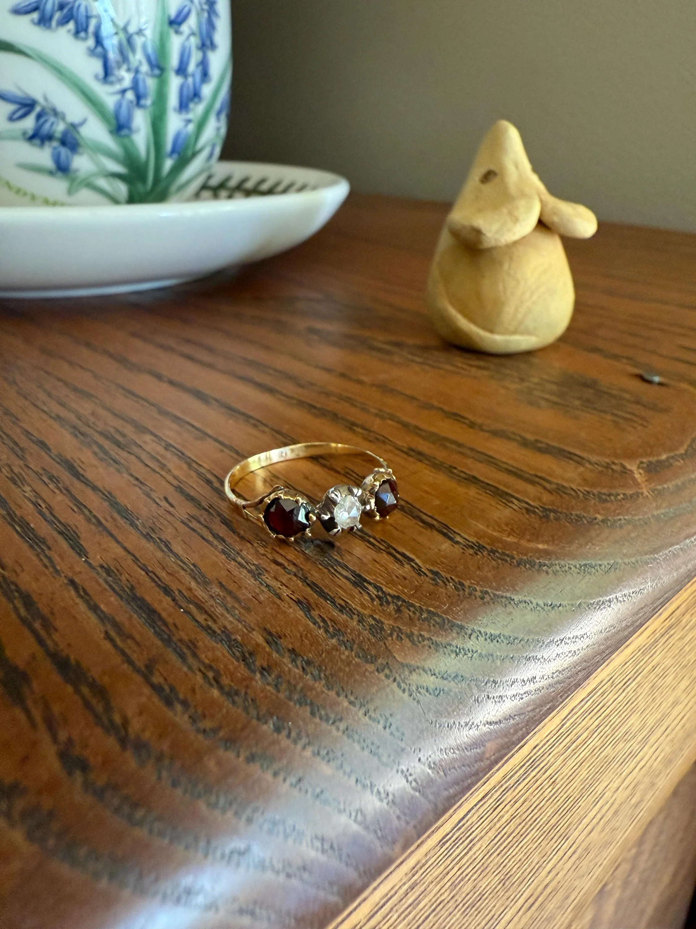 Georgian Era ANTIQUE Rose Cut Diamond & Red GARNET Three Stone RING 18k Gold Skinny Band - Image 6