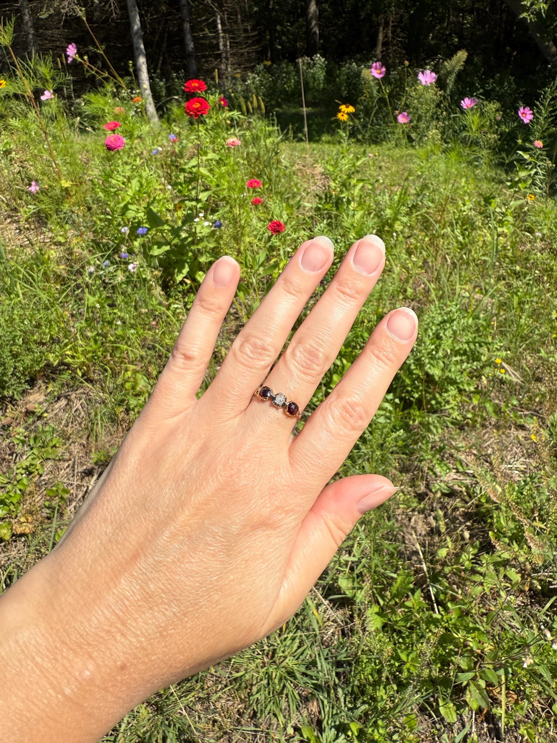 Georgian Era ANTIQUE Rose Cut Diamond & Red GARNET Three Stone RING 18k Gold Skinny Band - Image 7