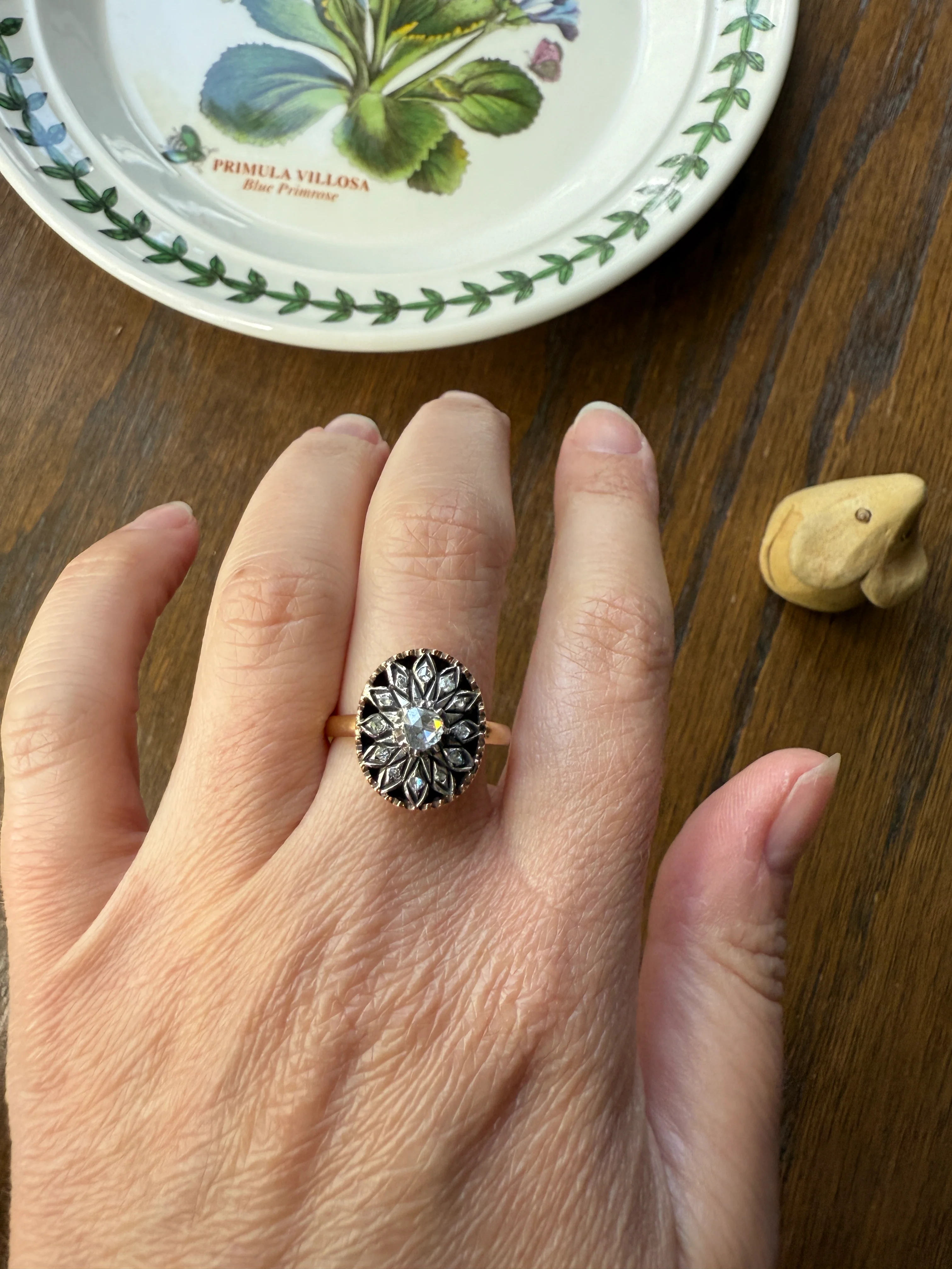 Georgian Era Antique Spanish Iberian Rose Cut Diamond Ring Oval Floral Sunburst Cupped Domed Back 18k Gold Silver - Image 14