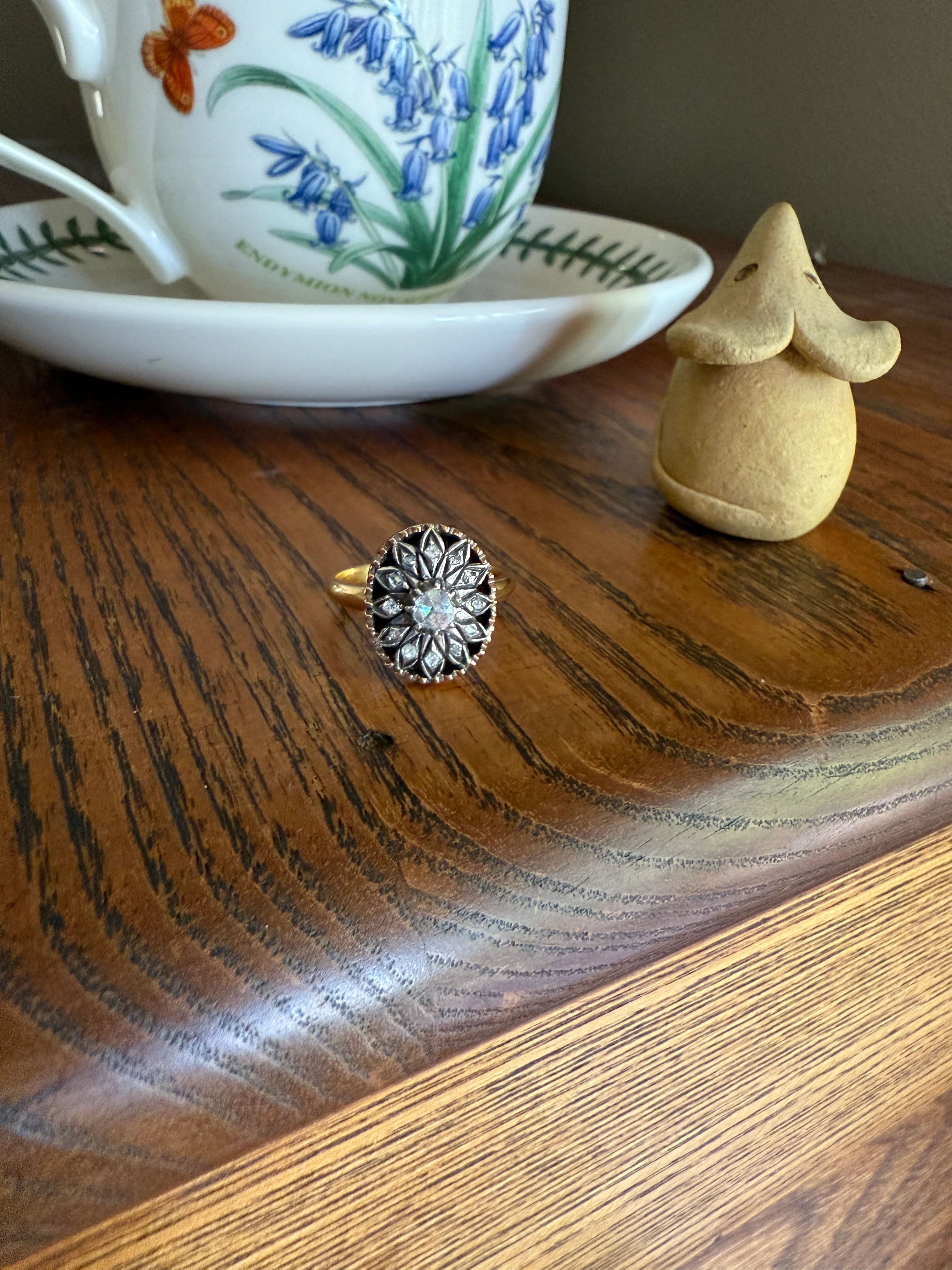 Georgian Era Antique Spanish Iberian Rose Cut Diamond Ring Oval Floral Sunburst Cupped Domed Back 18k Gold Silver - Image 15