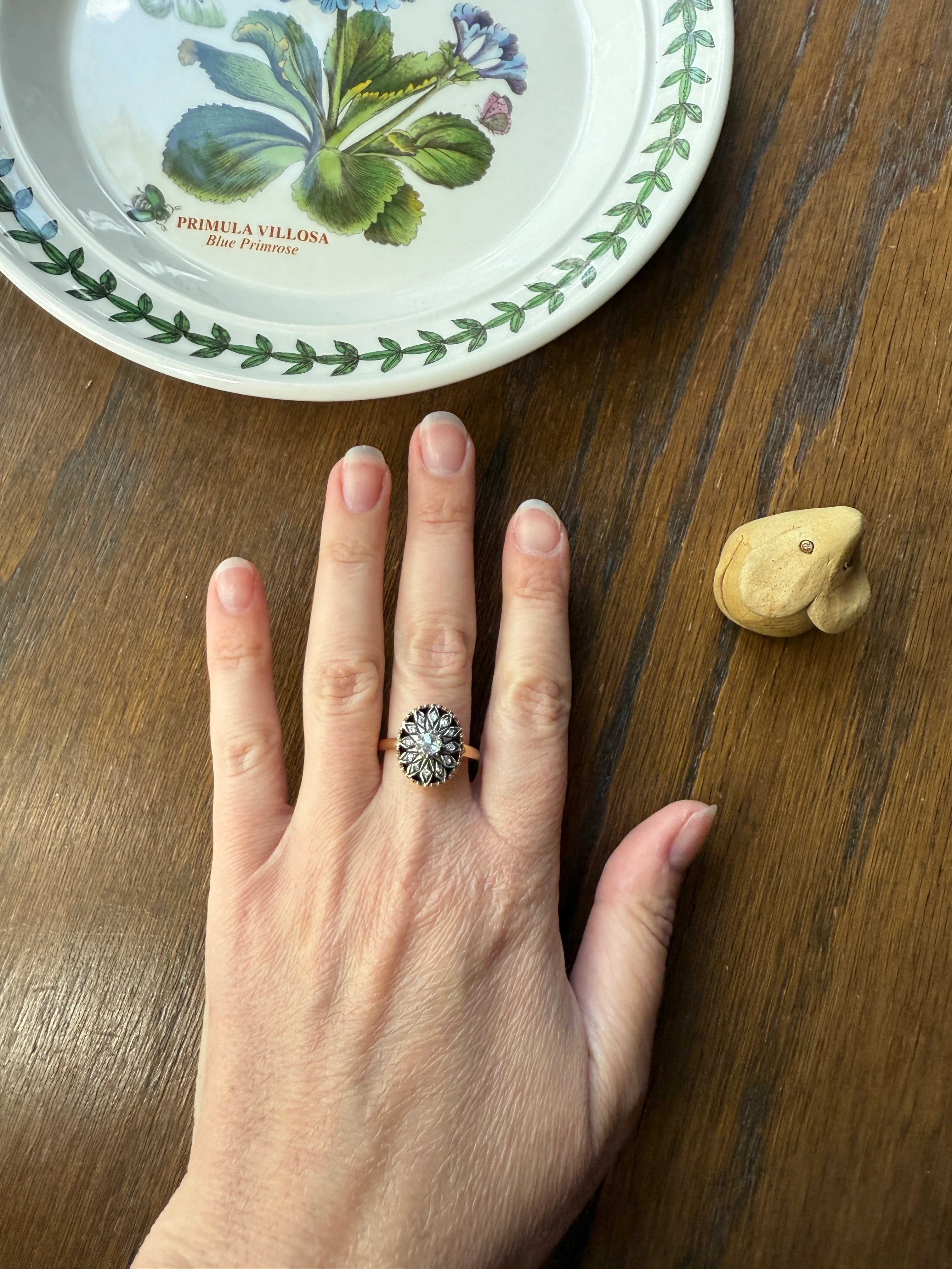 Georgian Era Antique Spanish Iberian Rose Cut Diamond Ring Oval Floral Sunburst Cupped Domed Back 18k Gold Silver - Image 17