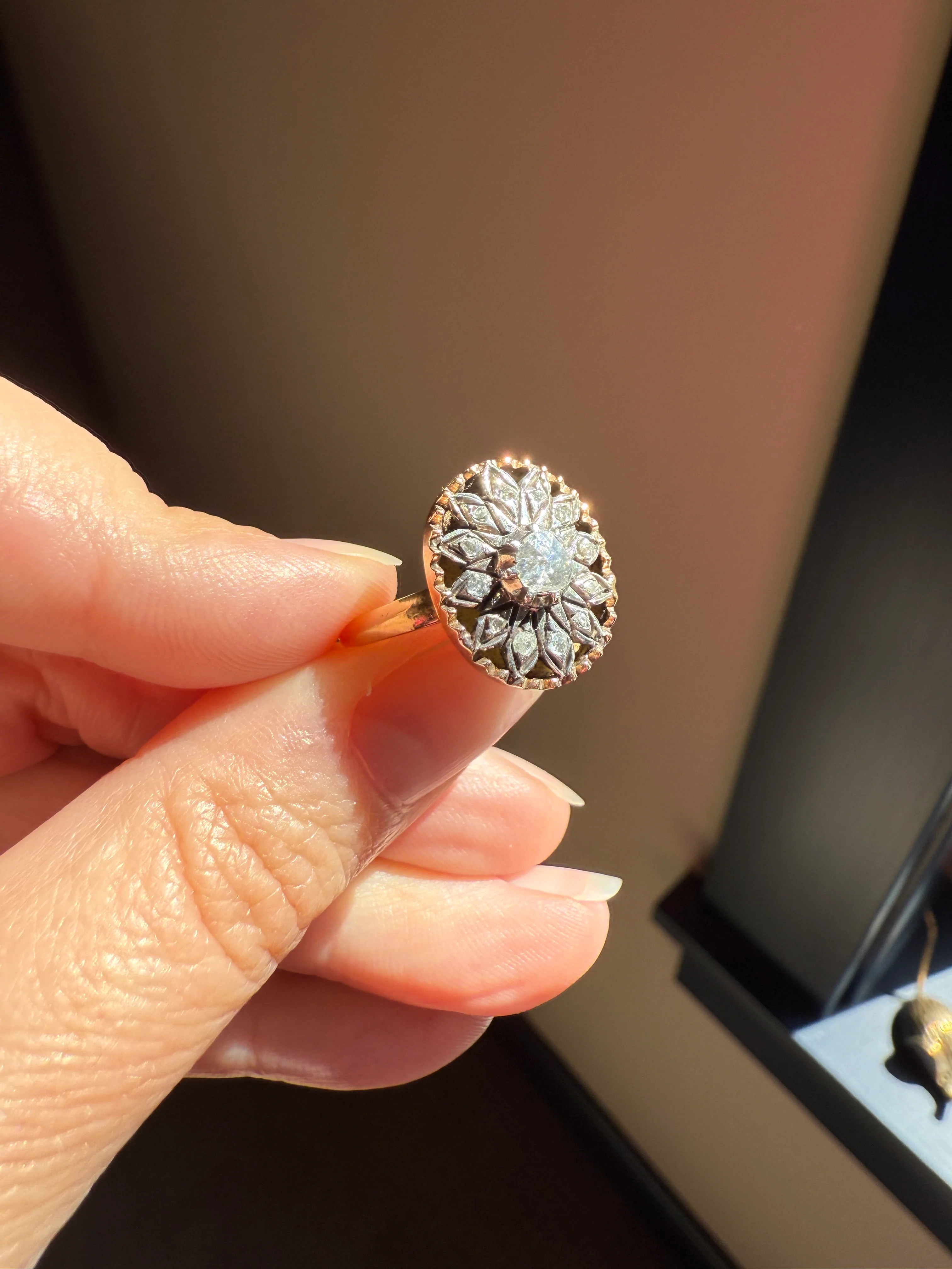 Georgian Era Antique Spanish Iberian Rose Cut Diamond Ring Oval Floral Sunburst Cupped Domed Back 18k Gold Silver - Image 18