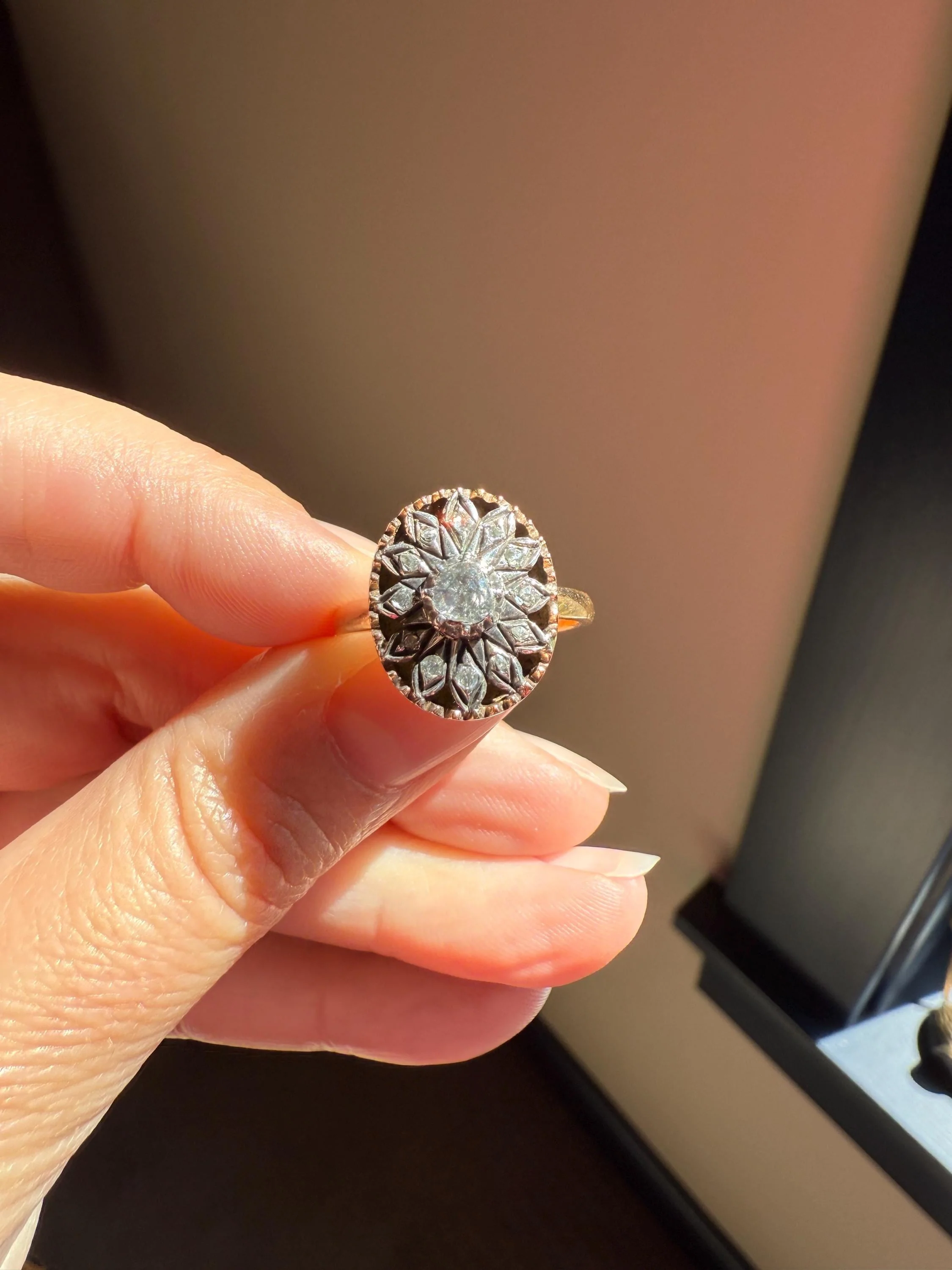 Georgian Era Antique Spanish Iberian Rose Cut Diamond Ring Oval Floral Sunburst Cupped Domed Back 18k Gold Silver - Image 2