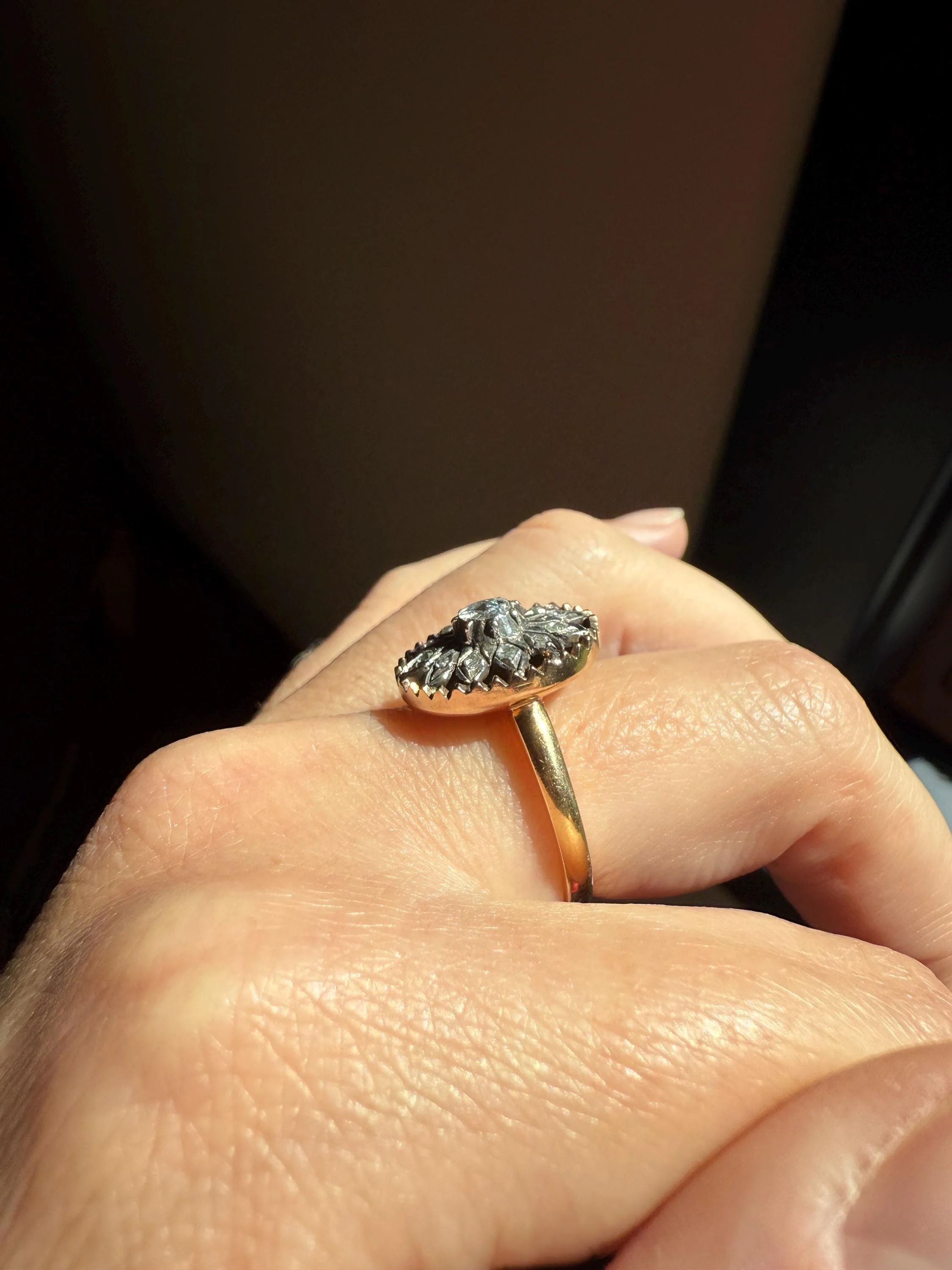Georgian Era Antique Spanish Iberian Rose Cut Diamond Ring Oval Floral Sunburst Cupped Domed Back 18k Gold Silver - Image 3