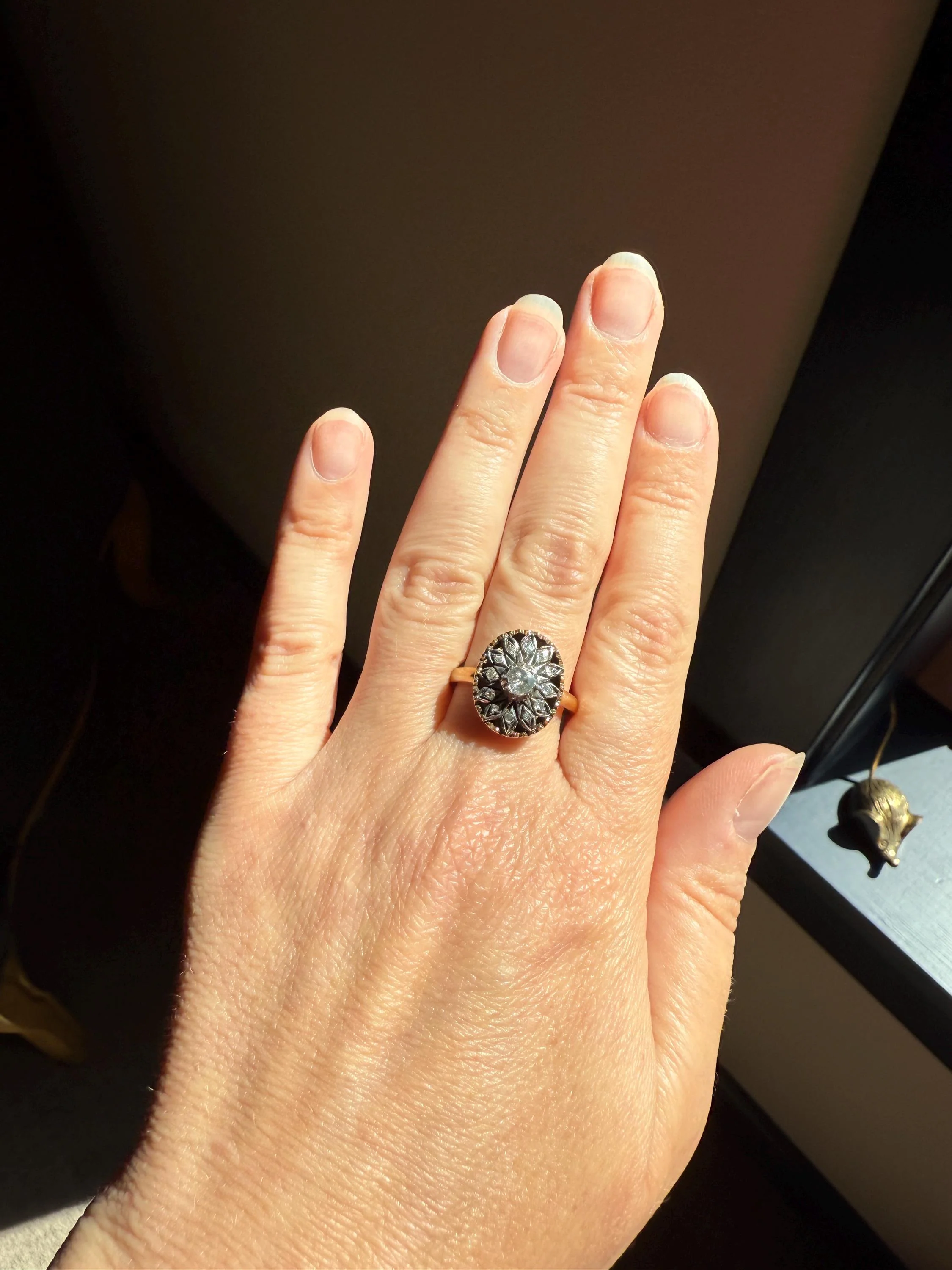 Georgian Era Antique Spanish Iberian Rose Cut Diamond Ring Oval Floral Sunburst Cupped Domed Back 18k Gold Silver - Image 4
