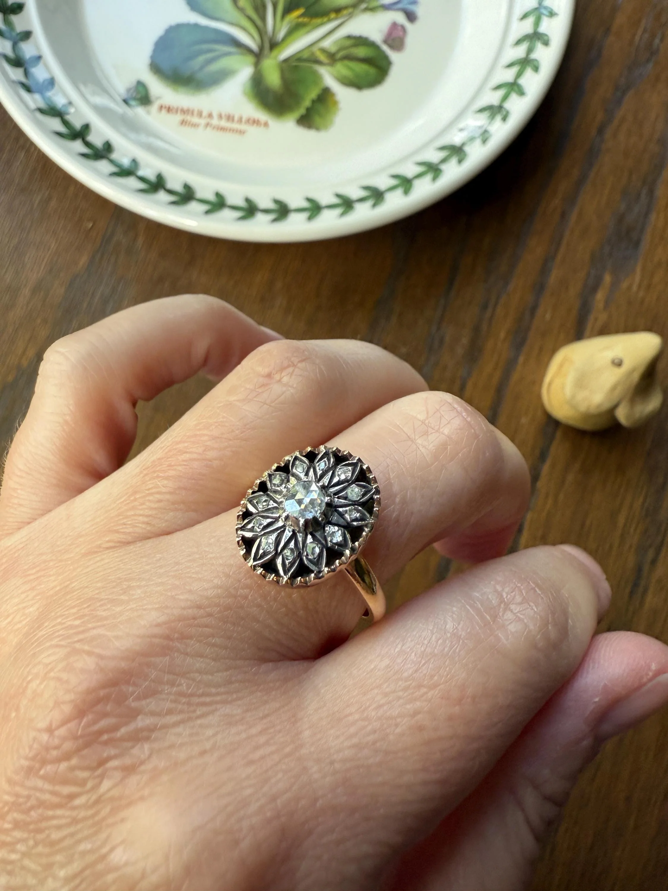 Georgian Era Antique Spanish Iberian Rose Cut Diamond Ring Oval Floral Sunburst Cupped Domed Back 18k Gold Silver - Image 5