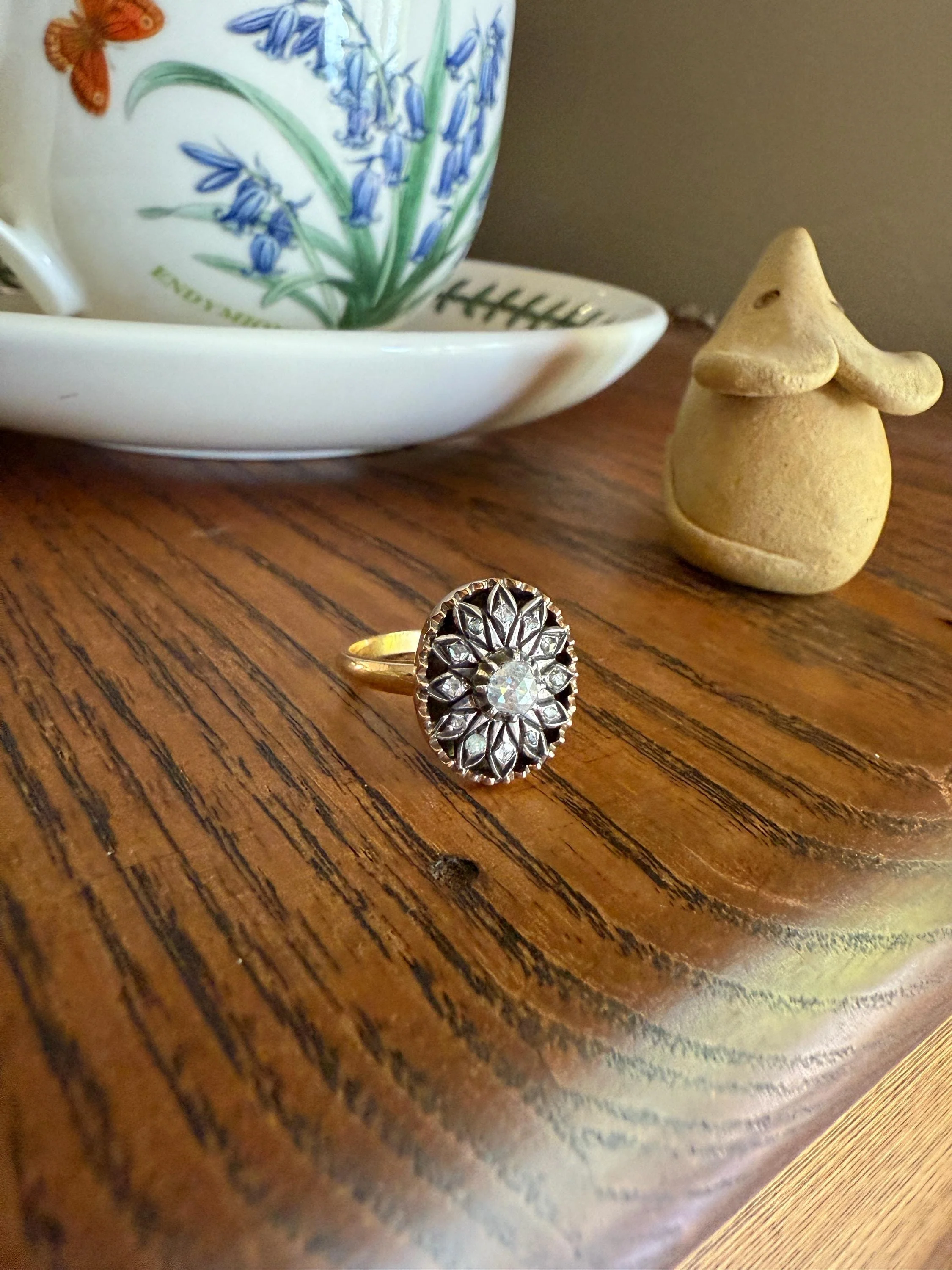 Georgian Era Antique Spanish Iberian Rose Cut Diamond Ring Oval Floral Sunburst Cupped Domed Back 18k Gold Silver - Image 6