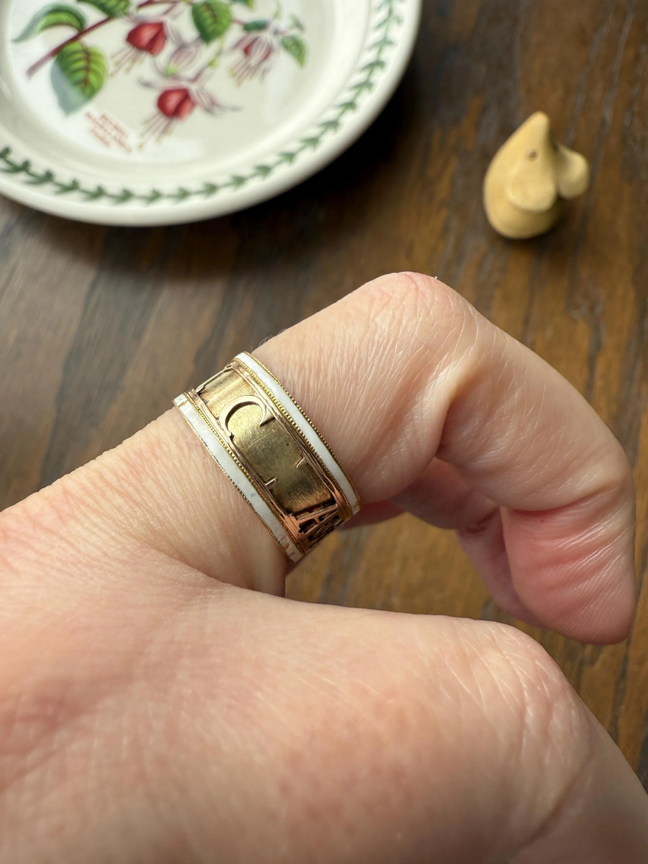 Georgian Era Dated 1789 Cigar Band Mourning Ring White Enamel 14k Gold Engraved "Died at Semlin" Historical Militaria Military Significance - Image 16