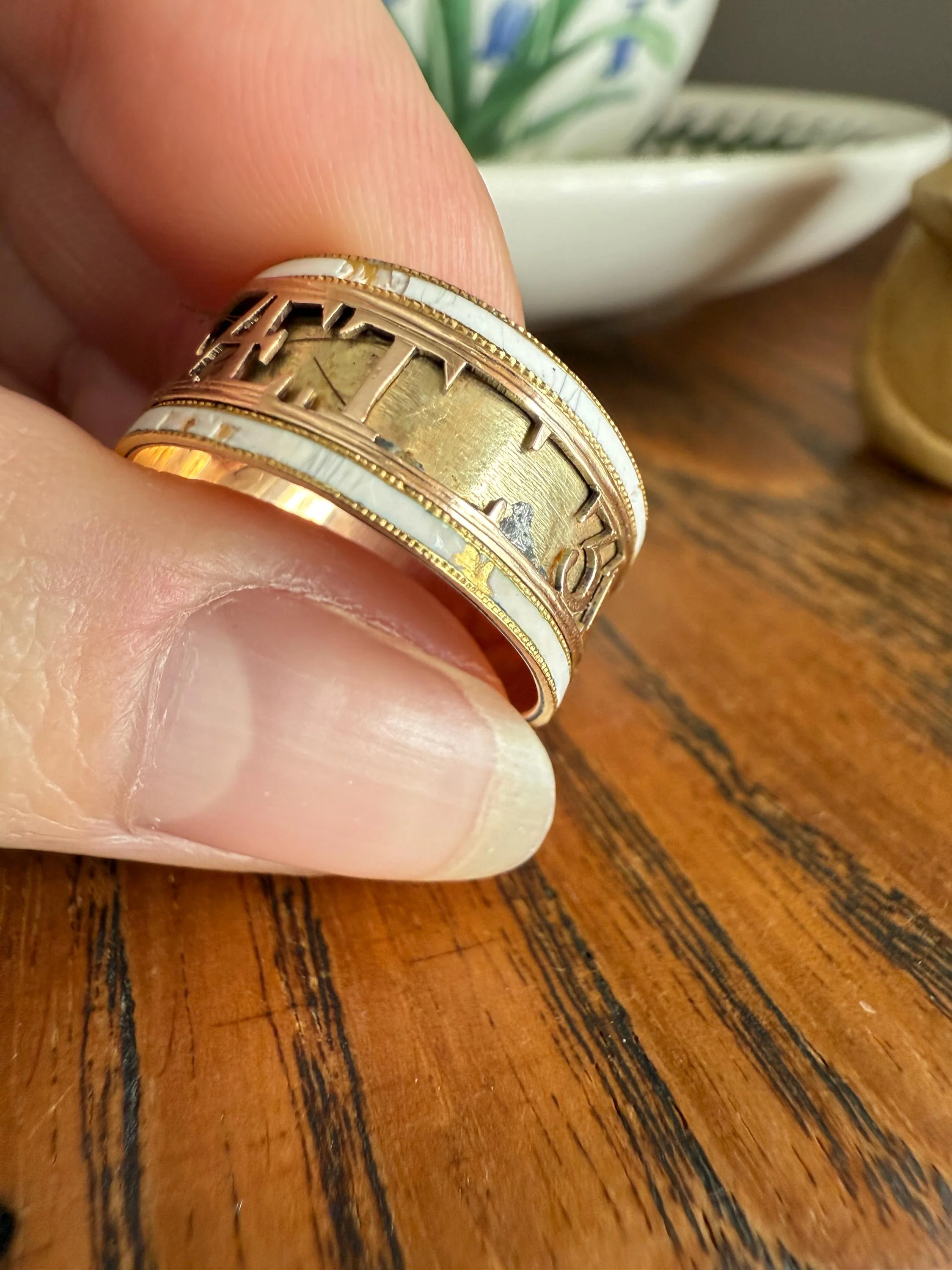 Georgian Era Dated 1789 Cigar Band Mourning Ring White Enamel 14k Gold Engraved "Died at Semlin" Historical Militaria Military Significance - Image 18