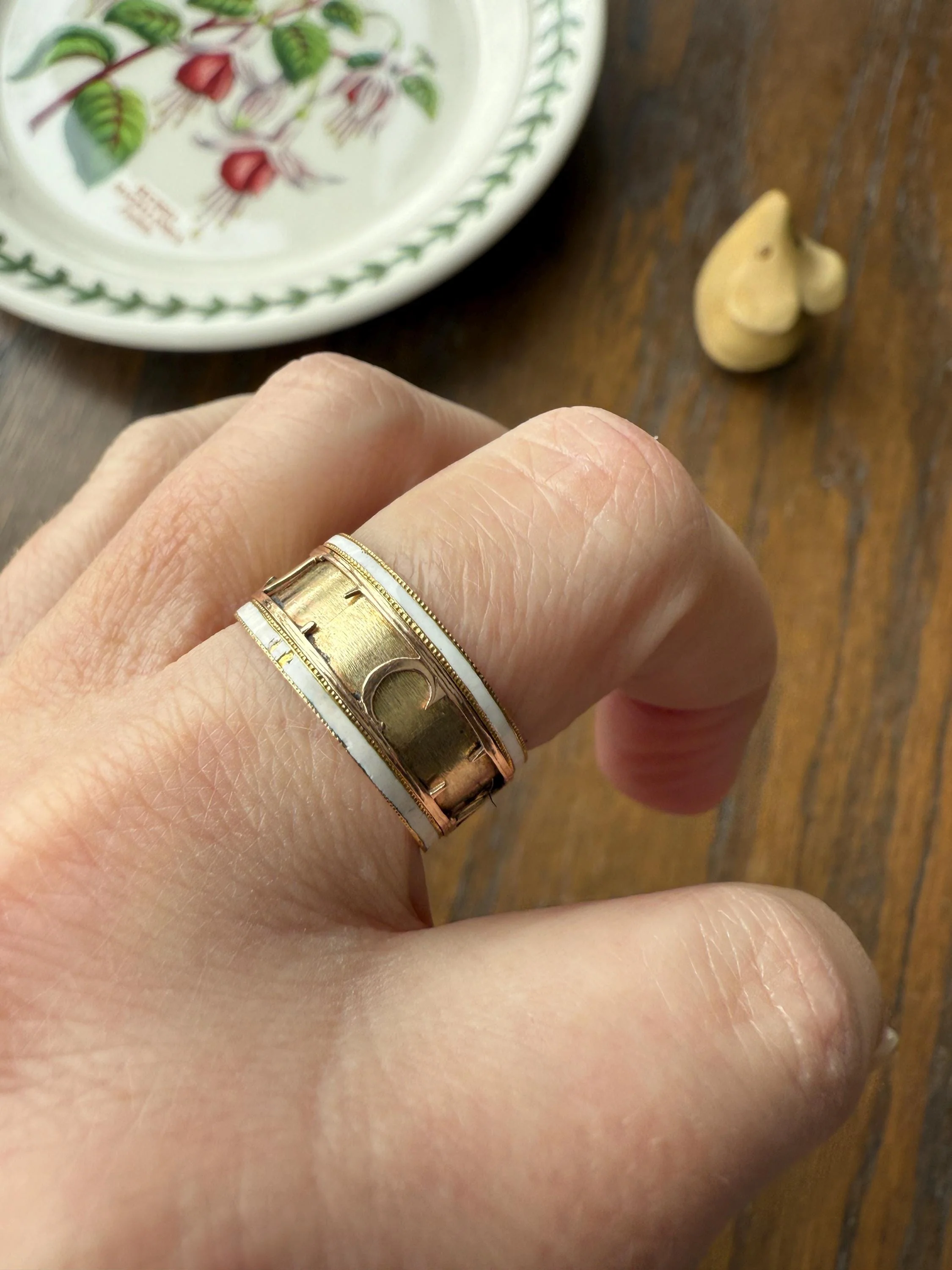 Georgian Era Dated 1789 Cigar Band Mourning Ring White Enamel 14k Gold Engraved "Died at Semlin" Historical Militaria Military Significance - Image 2