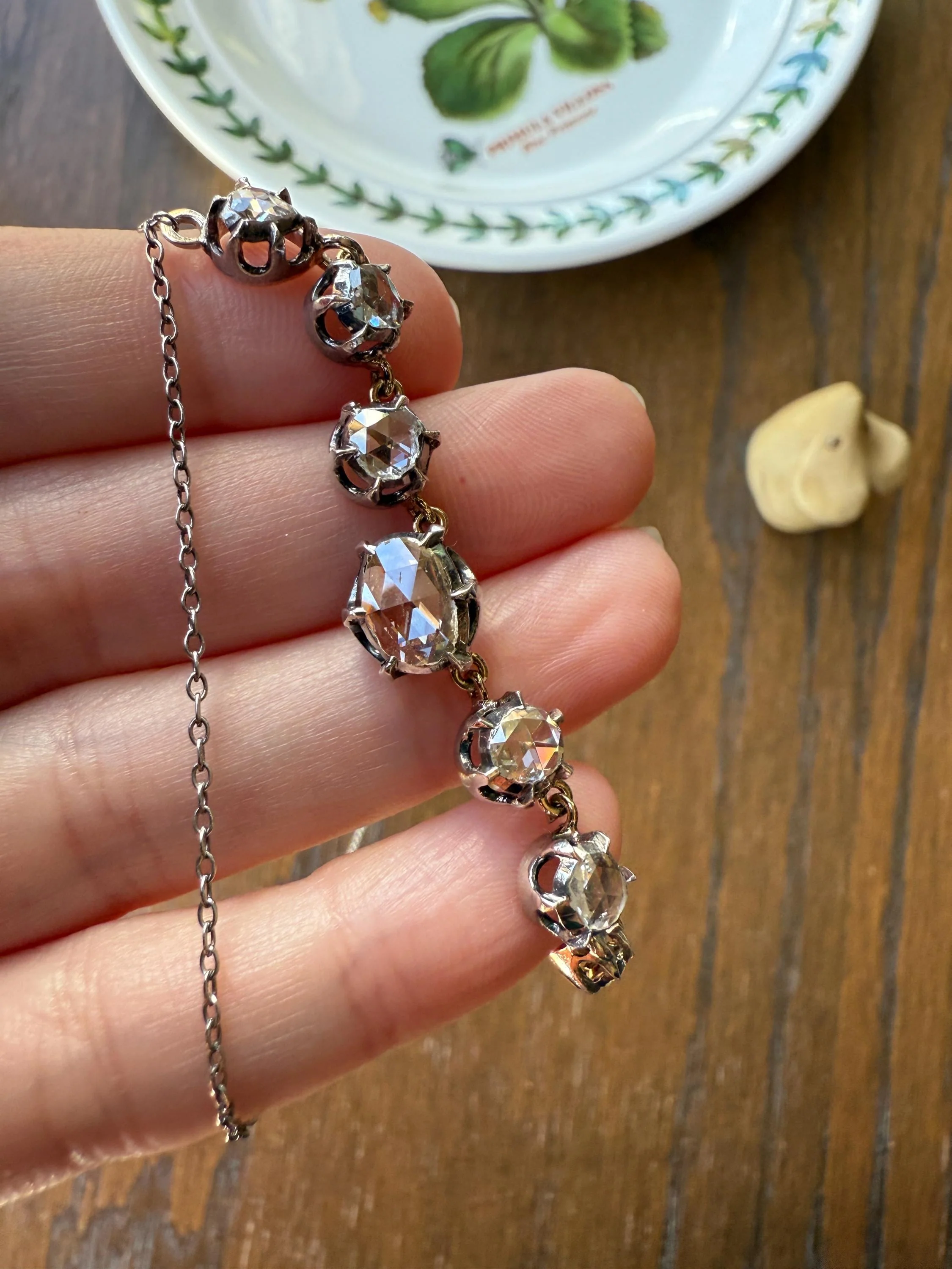 GEORGIAN French Antique 3 Carat Rose Cut DIAMOND Seven Stone Necklace Chain 18k Gold Silver Collet Open Back - Image 13