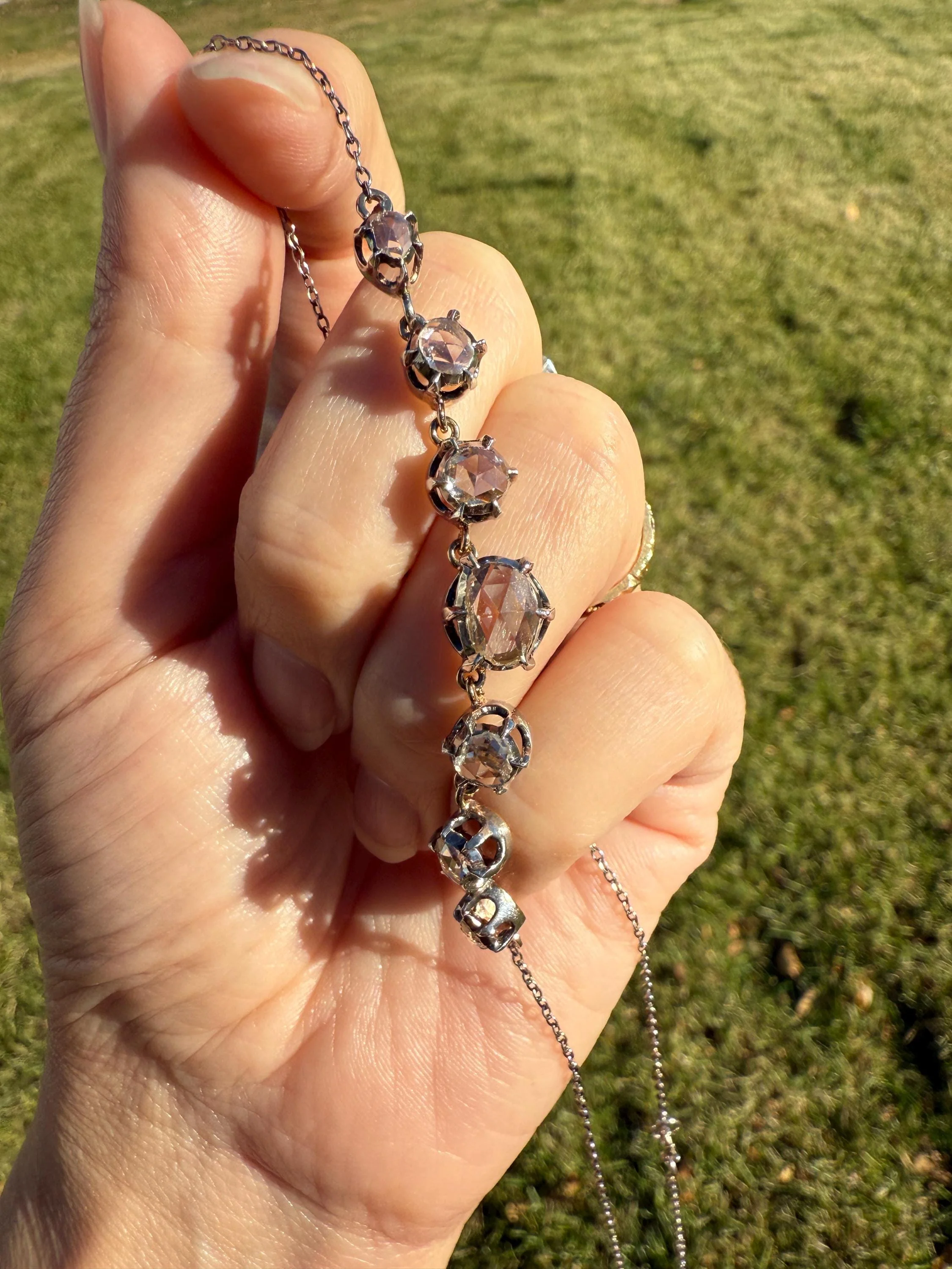 GEORGIAN French Antique 3 Carat Rose Cut DIAMOND Seven Stone Necklace Chain 18k Gold Silver Collet Open Back - Image 2