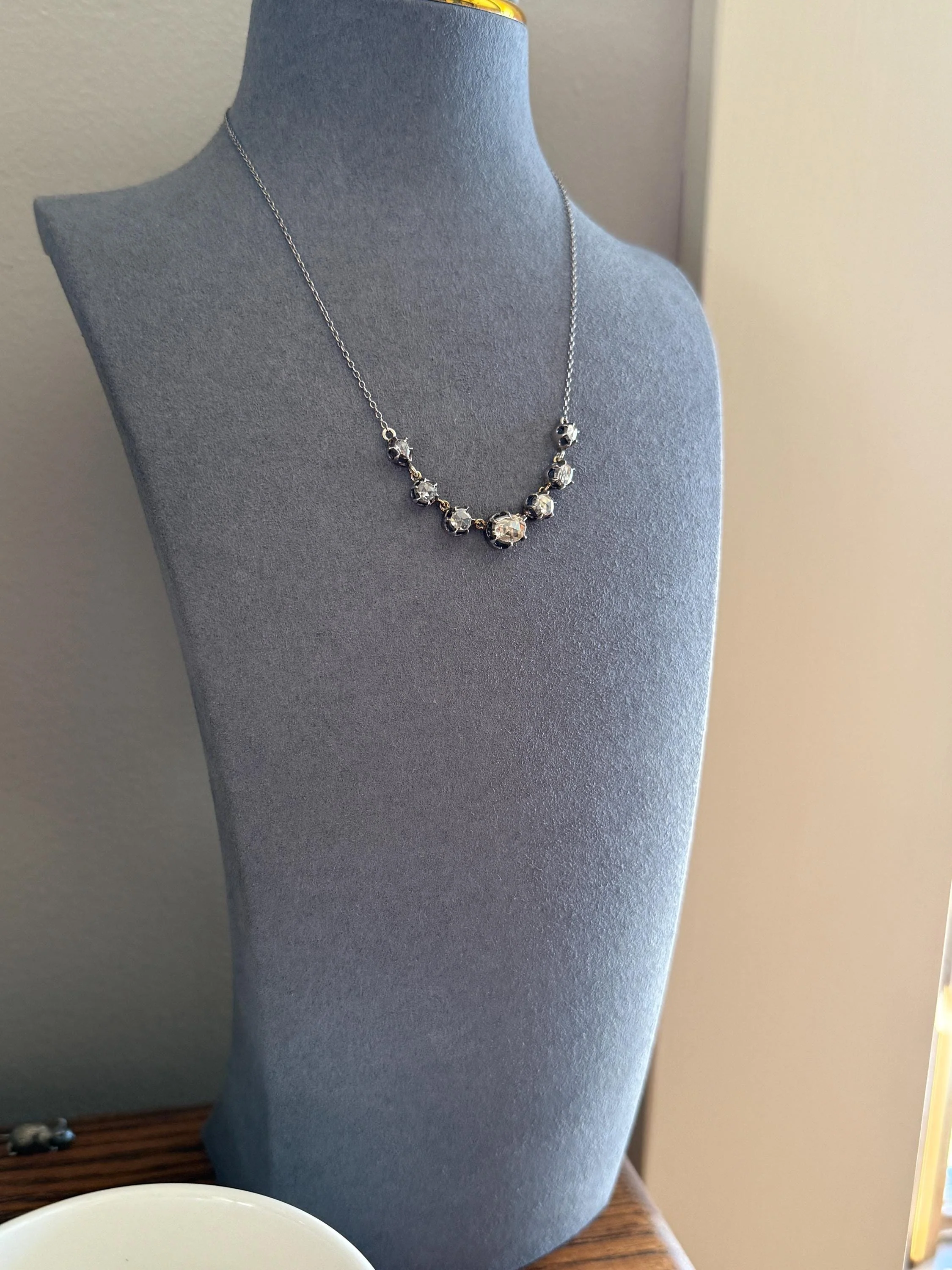 GEORGIAN French Antique 3 Carat Rose Cut DIAMOND Seven Stone Necklace Chain 18k Gold Silver Collet Open Back - Image 3