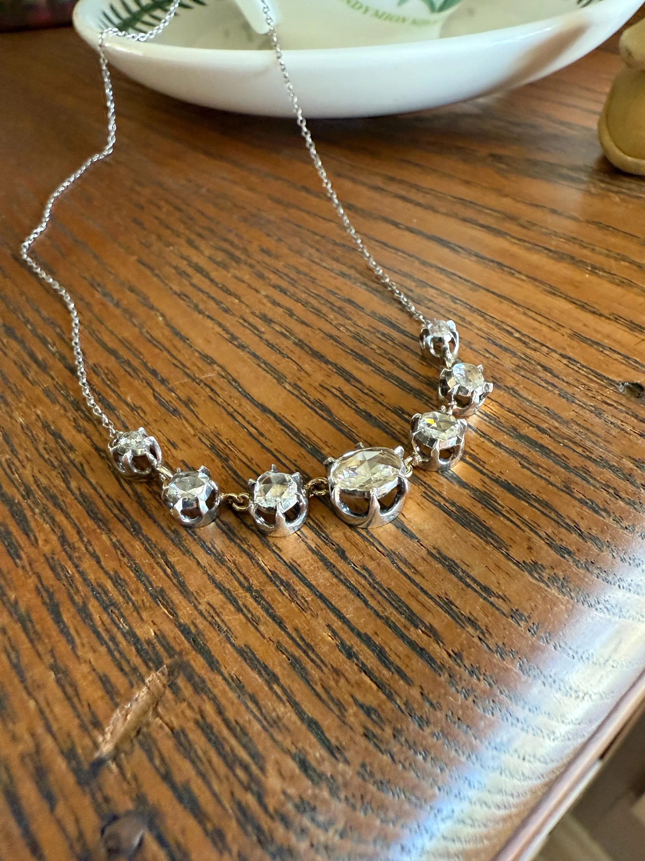 GEORGIAN French Antique 3 Carat Rose Cut DIAMOND Seven Stone Necklace Chain 18k Gold Silver Collet Open Back - Image 4
