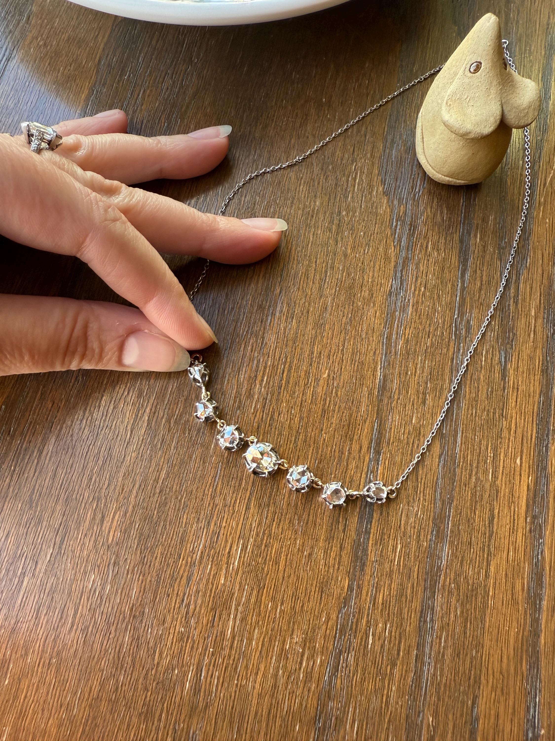 GEORGIAN French Antique 3 Carat Rose Cut DIAMOND Seven Stone Necklace Chain 18k Gold Silver Collet Open Back - Image 5