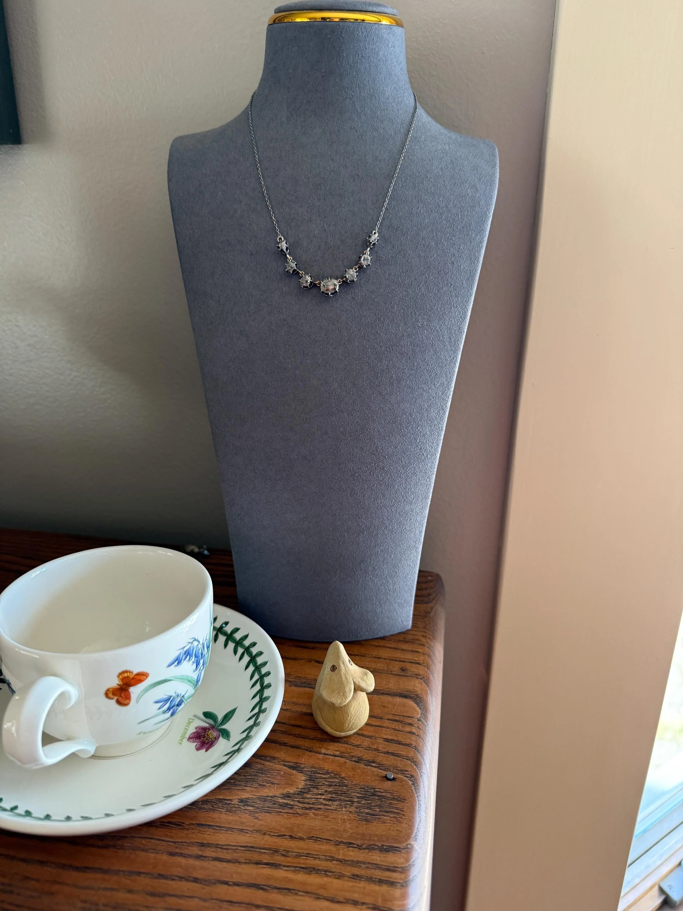 GEORGIAN French Antique 3 Carat Rose Cut DIAMOND Seven Stone Necklace Chain 18k Gold Silver Collet Open Back - Image 6