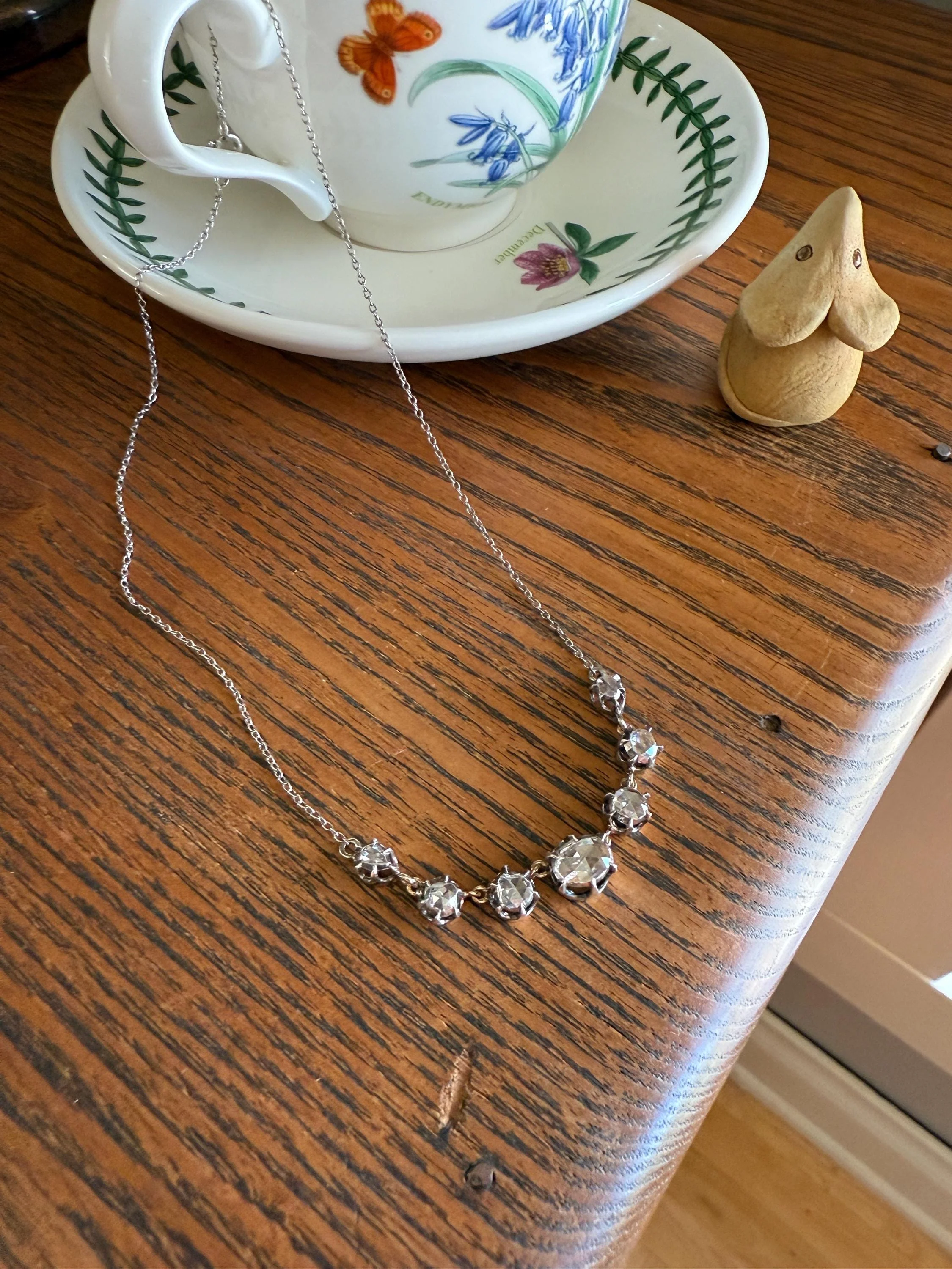GEORGIAN French Antique 3 Carat Rose Cut DIAMOND Seven Stone Necklace Chain 18k Gold Silver Collet Open Back - Image 9