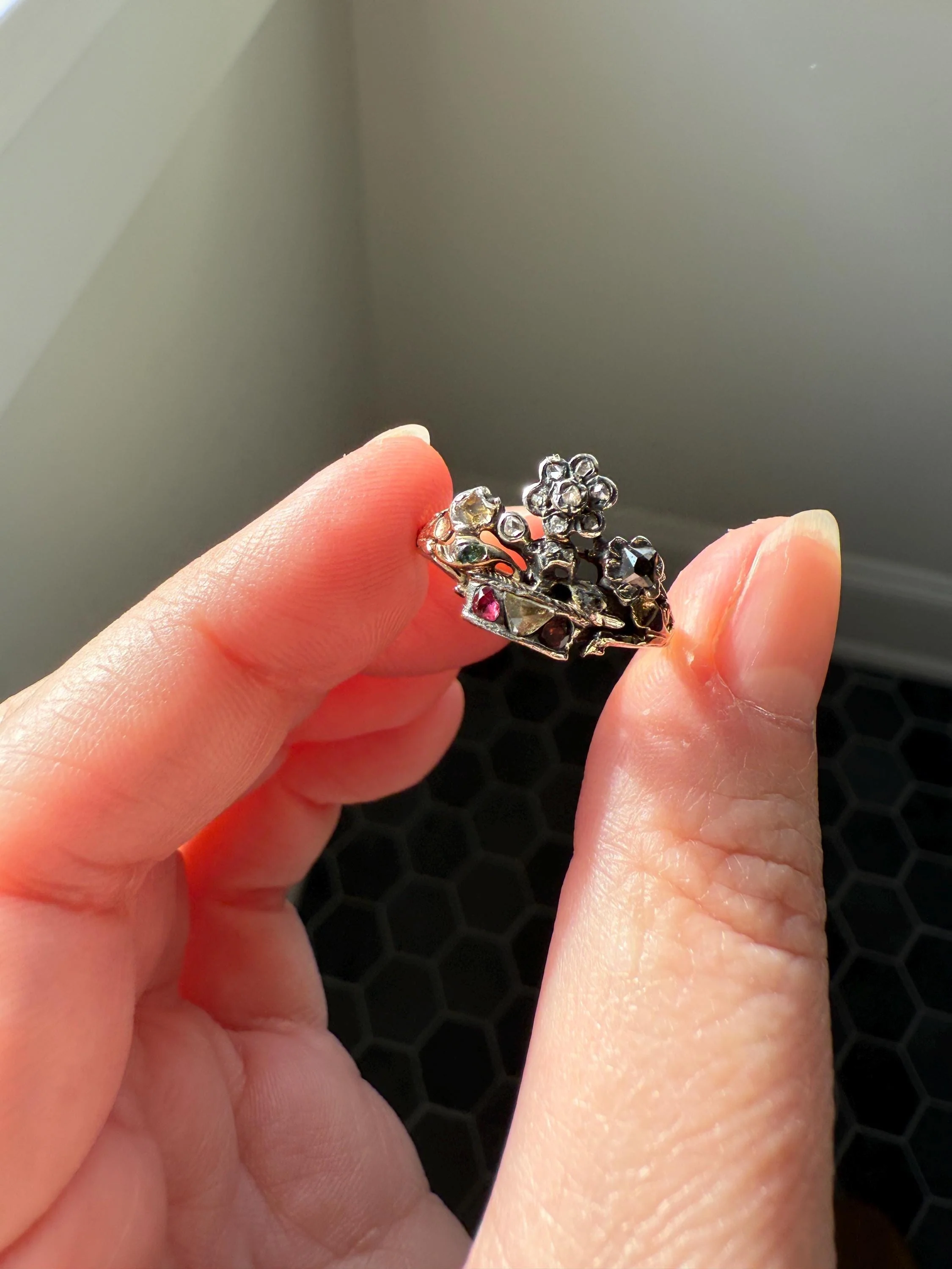 GIARDINETTI Antique Floral Bouquet Ring Flower Basket Rare Peruzzi Chiffre Rose Cut Diamond Garnet Emerald Georgian 14k Gold Rococo 1700s - Image 10